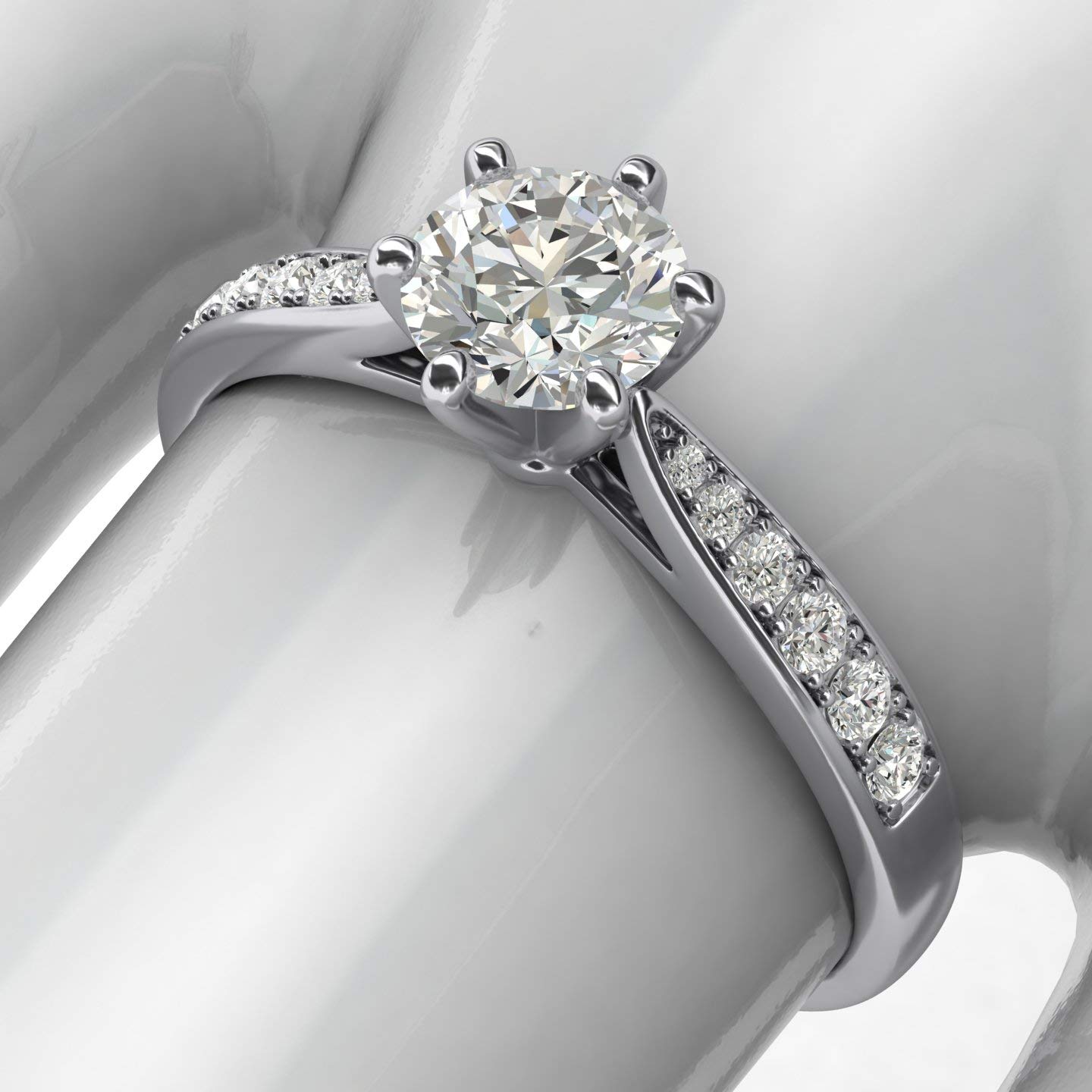 14K White Gold 1.0 CT Simulated Diamond Engagement Ring - 6-Prong Setting with Graduated Side Stones, Promise Bridal Ring for Wedding, Proposal & Anniversary Gifts