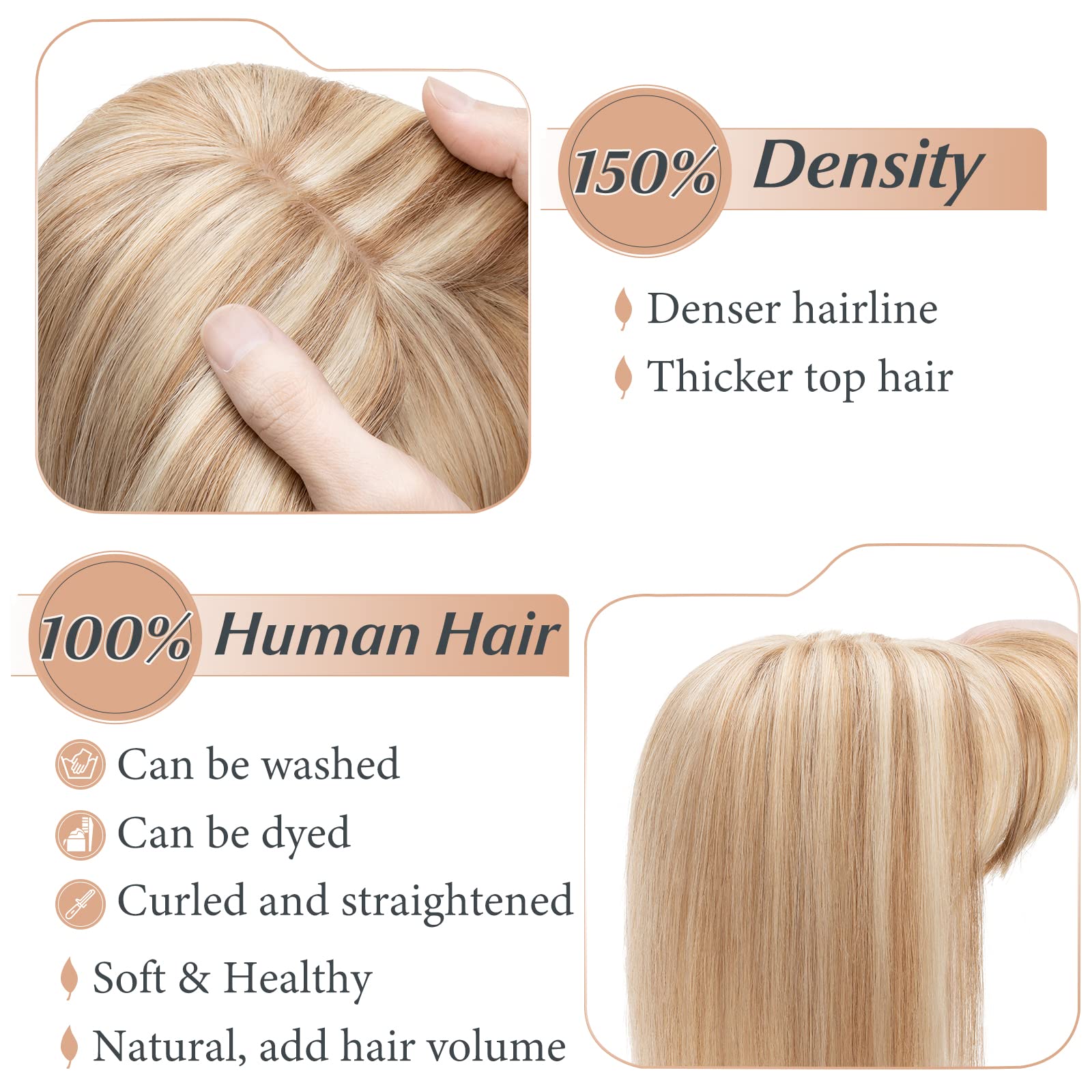 Benehair Clip-in Human Hair Toppers with Bangs - 12 Inch Straight Hairpieces for Thinning Hair & Gray Coverage - Golden Brown & Bleach Blonde #12P613 - Perfect for Daily Wear, Parties & Special Occasions