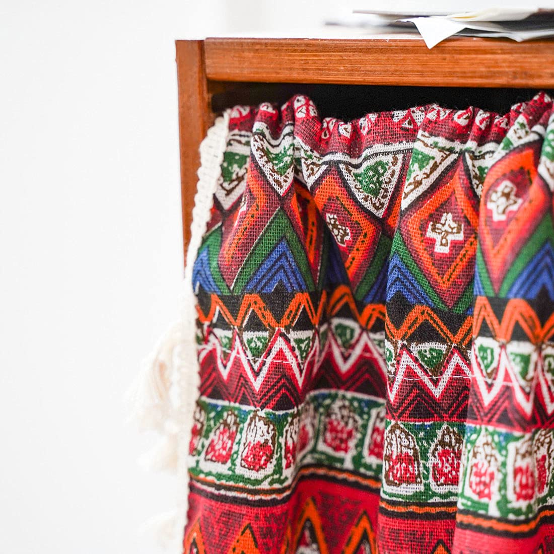 Boho Cotton Linen Cafe Curtains with Tassels - Geometric Print Short Kitchen Curtains with Rod Pocket, 24x35 Inches, Red - Perfect for Kitchen Windows, Cabinets & Boho Home Decor