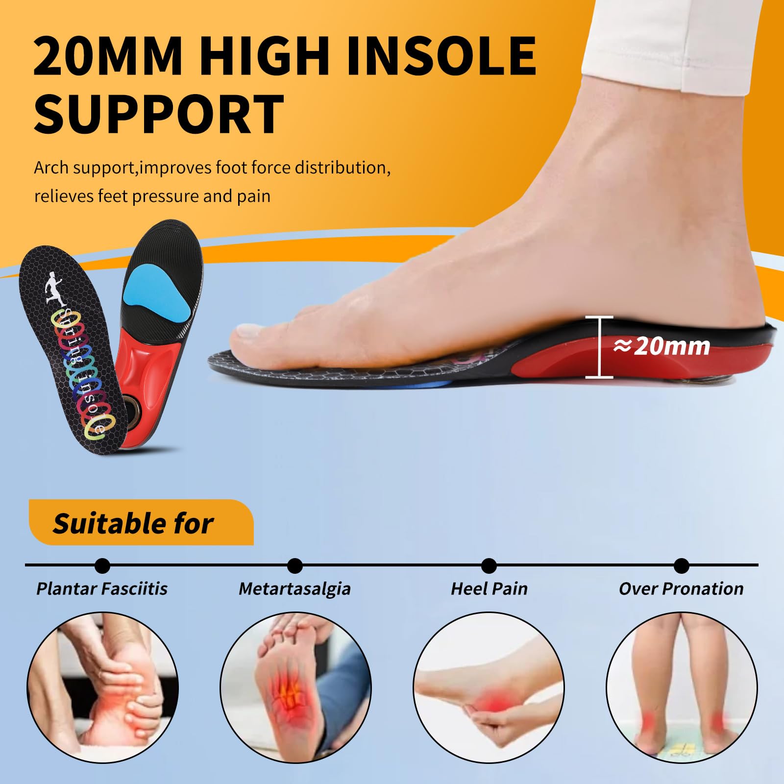 **Plantar Fasciitis Arch Support Insoles for Men & Women – Heavy Duty Orthotic Insoles with Airbag Springs, Supports Over 220 Lbs, High Shock Absorption – Ideal for Work Boots, Running & Standing All Day (Black, Medium)**