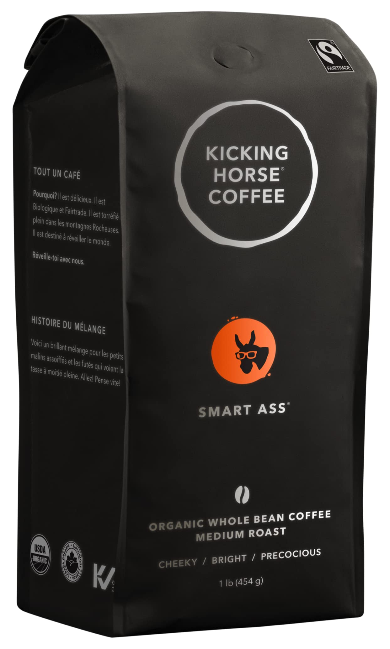 Organic Smart Ass Whole Bean Coffee by Kicking Horse - 16oz (454g) Dark Roast, Fair Trade Certified - Perfect for Home Brewing, Office Use & Gifts