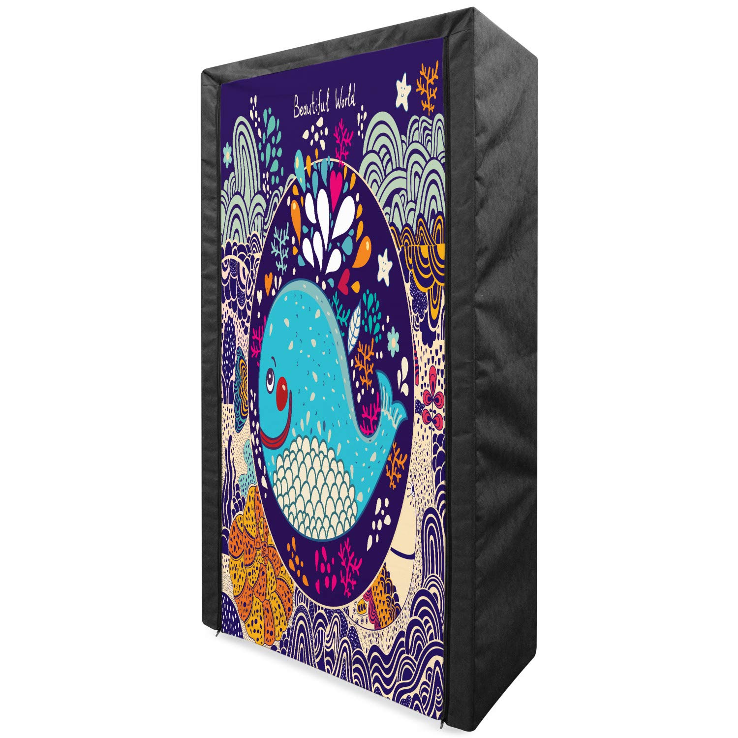 Ambesonne Sea Animals Portable Fabric Wardrobe - Cartoon Whale & Coral Design Clothing Organizer with Shelves, 33.5 Inch Purple Aqua Storage Closet | Perfect for Kids' Room, Dorm, or Travel Use