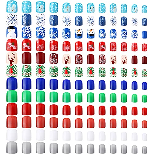 288 Pcs 12 Sets Short Square Press on Nails - Glossy Acrylic Fake Nails with Christmas Snowflake Design, Full Cover Solid Color Artificial Nails for Holiday Parties & Gift Giving (Chic Style)