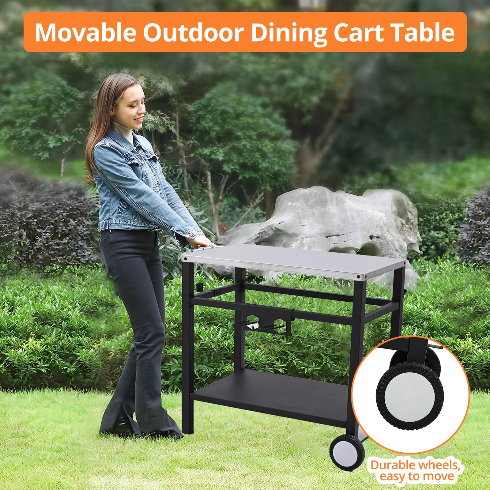 Premium Stainless Steel Outdoor Grill Cart with Pizza Oven Stand & Flattop Griddle - Heavy Duty BBQ Prep Table with Wheels, Hooks & Side Handle - Perfect for Backyard, Patio, Camping & Home Cooking (Silver)