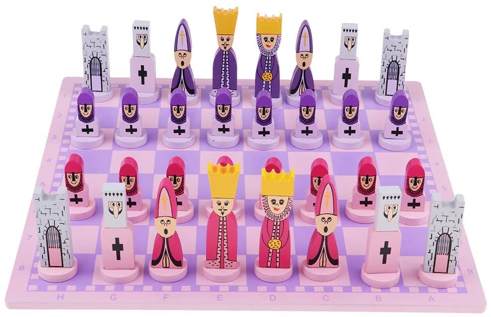 Pink Wooden Chess Set - Cute Cartoon Board Game with Chessboard - Educational Strategy Game for Adults & Kids - Perfect for Family Game Nights & Learning Fun