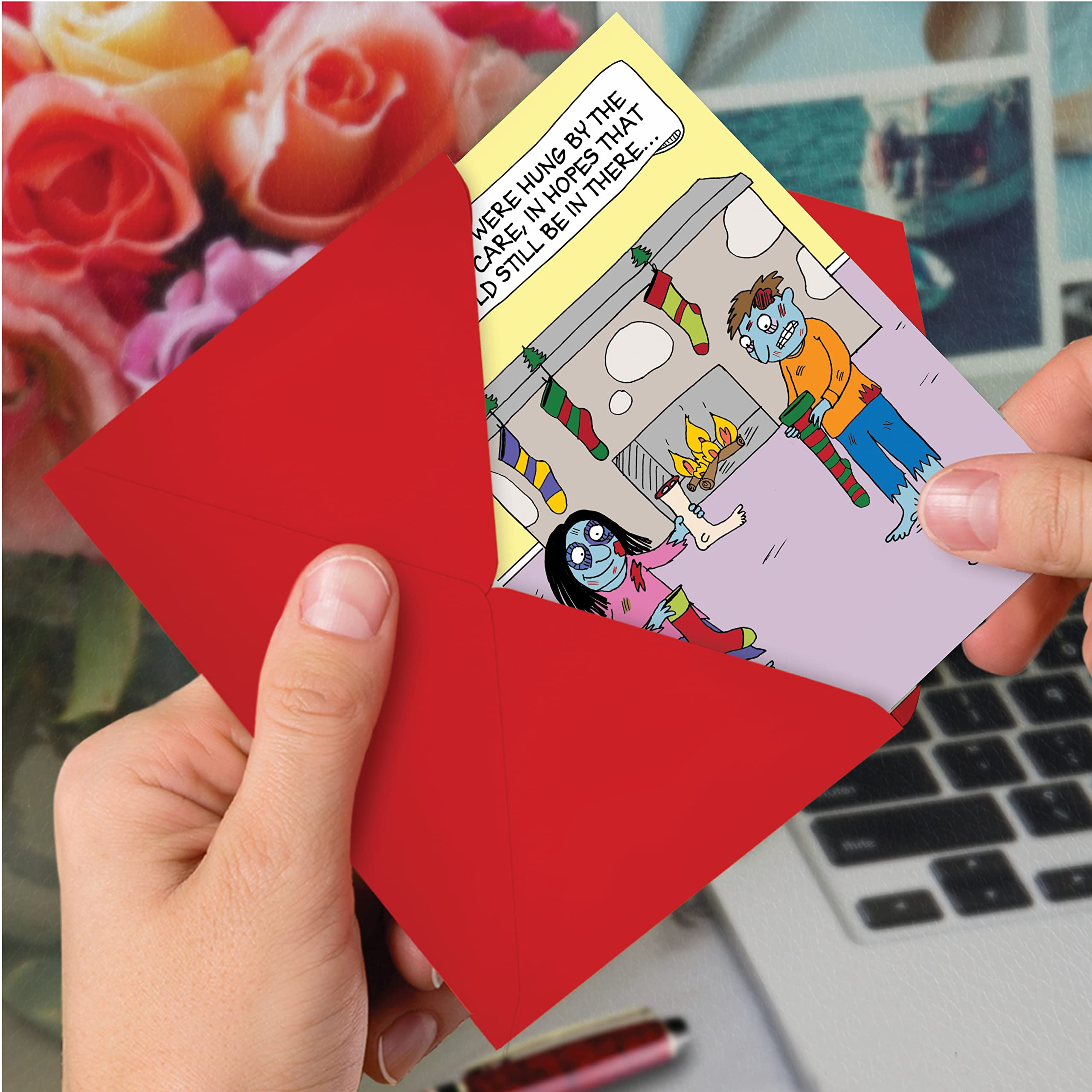 Funny Christmas Cards Set of 12 - Boxed Holiday Greeting Cards with Cartoon Animals & Festive Humor (Zombie Stockings Design B1189) - Perfect for Office Parties, Family Gatherings & Secret Santa Exchanges