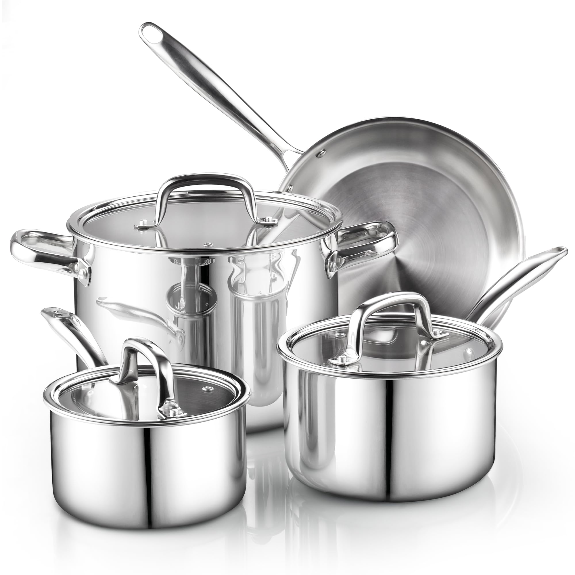Cook N Home 7-Piece Tri-Ply Clad Stainless Steel Cookware Set - Induction Ready Pots and Pans with Tempered Glass Lids, Dishwasher Safe Silver Kitchen Set for Professional Cooking & Home Use