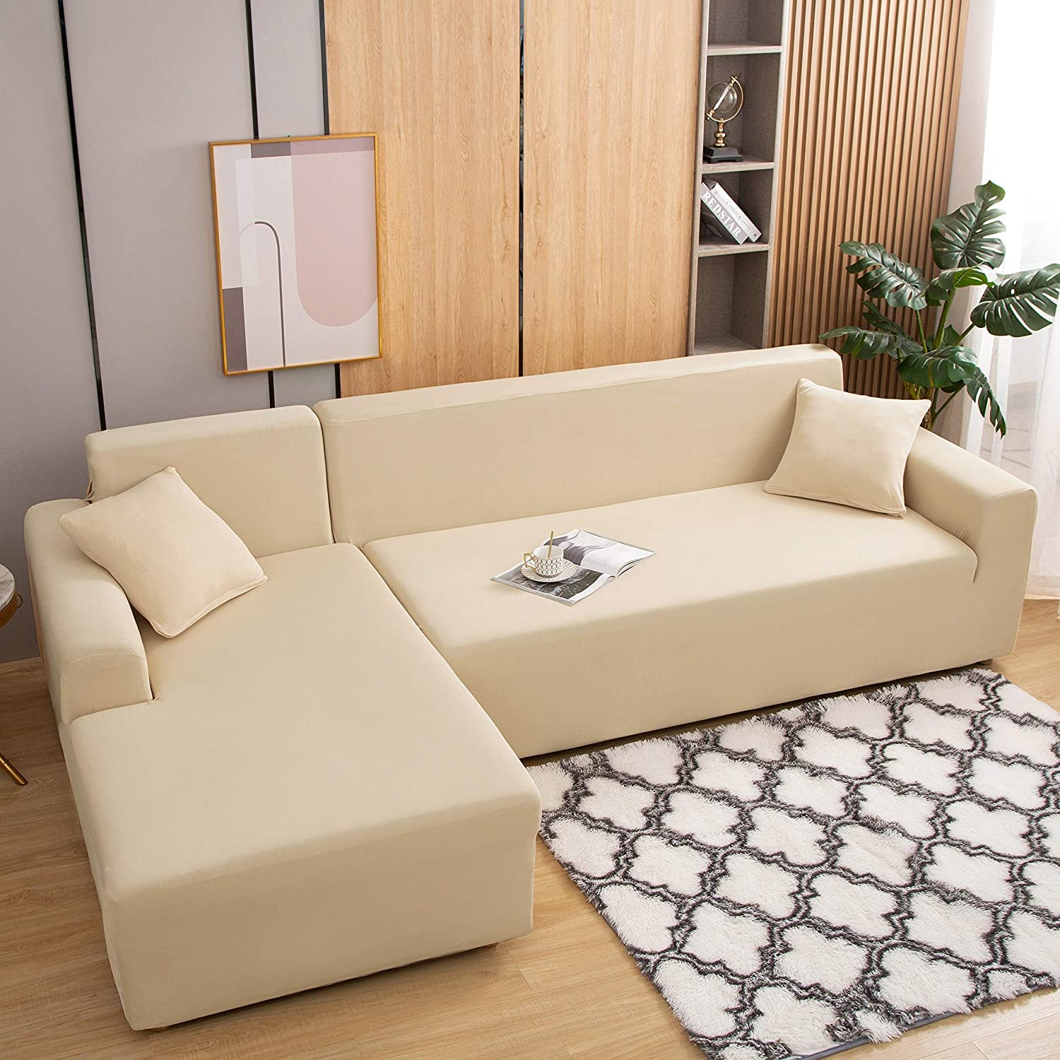 ELEOPTION Beige L-Shaped Sectional Sofa Cover - 2 Piece Stretch Slipcover for 3+3 Seater Couch & Chaise Lounge | Perfect for Living Room, Family Room & Home Theater Furniture Protection