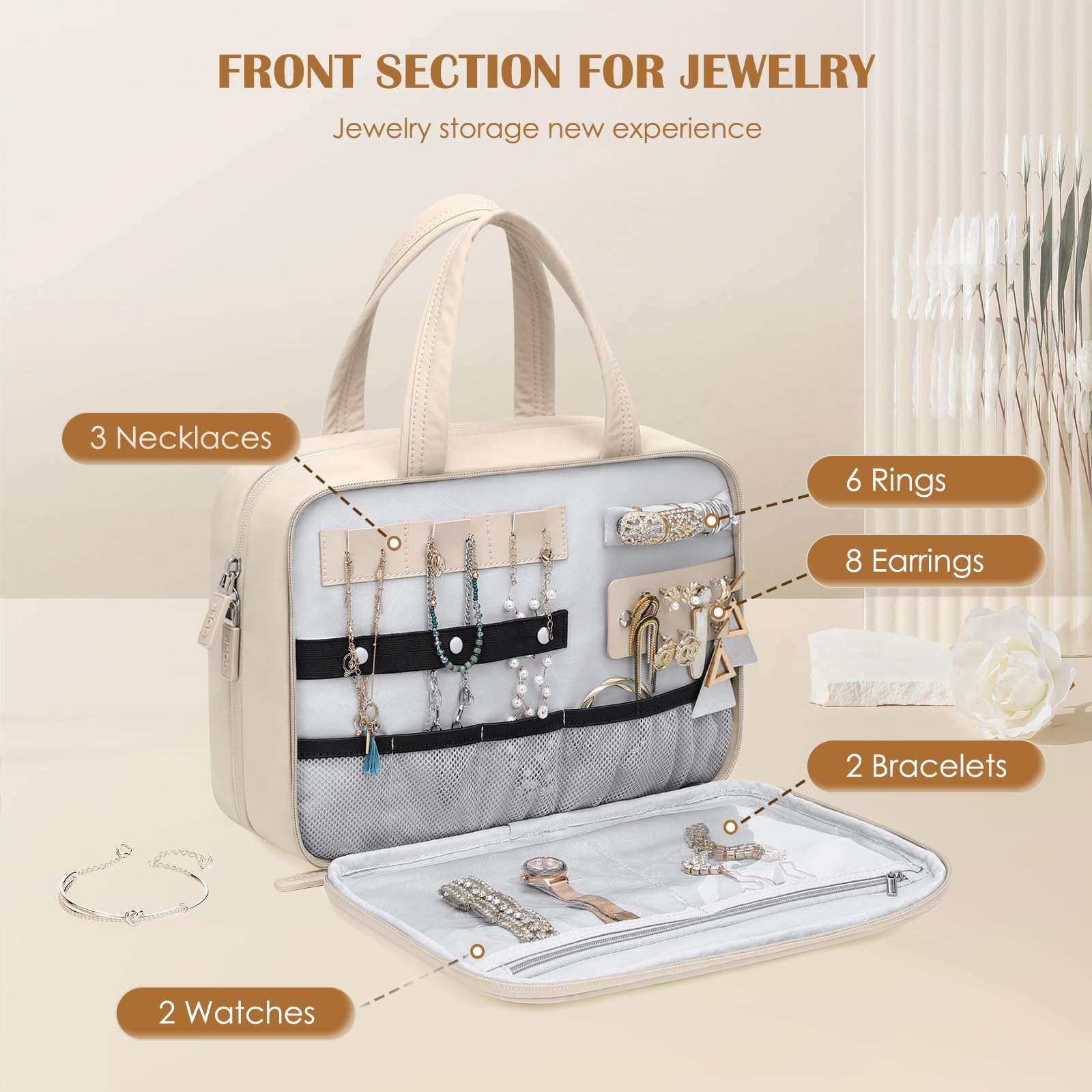 Hanging Travel Toiletry Bag with Jewelry Organizer - Puffy Cosmetic Makeup Bag for Carry-on Essentials & Toiletries (Apricot) - Perfect for Airplane Trips, Camping & Business Travel