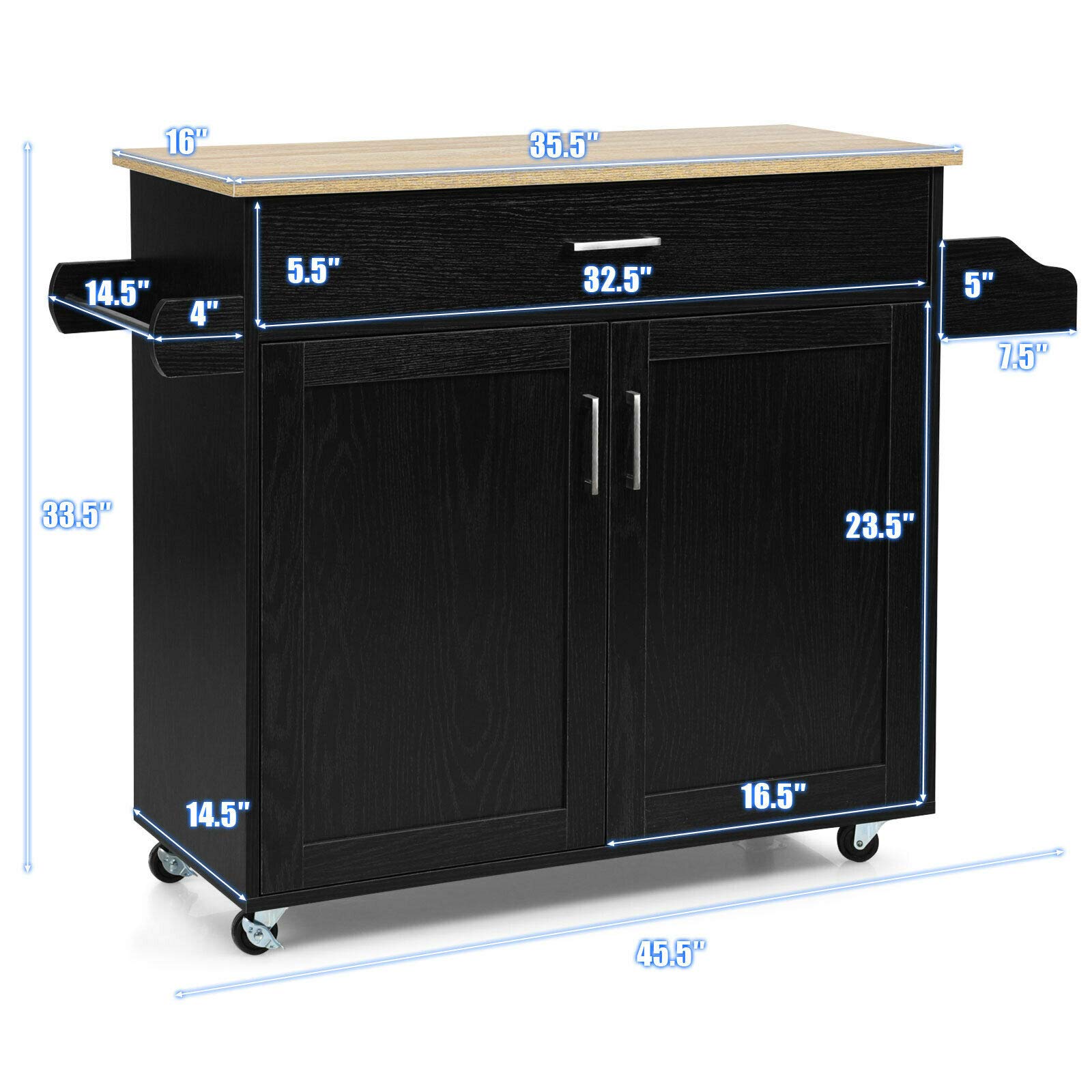 Black Rolling Kitchen Island Cart with Spice Rack - 1 Drawer & Cabinet Storage, Spacious Countertop for Dinnerware & Wine Glass Organizer - Perfect for Small Kitchens, Entertaining & Food Prep