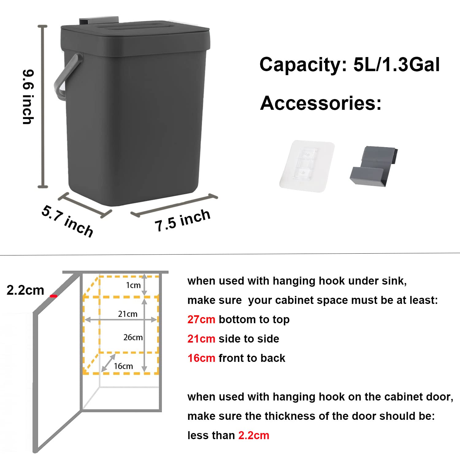 LALASTAR 5L/1.3 Gal Countertop Compost Bin with Lid - Small Hanging Trash Can for Kitchen, Bathroom, RV & Under Sink - Food Waste Bin for Eco-Friendly Composting - Mountable Garbage Can for Home & Office Use