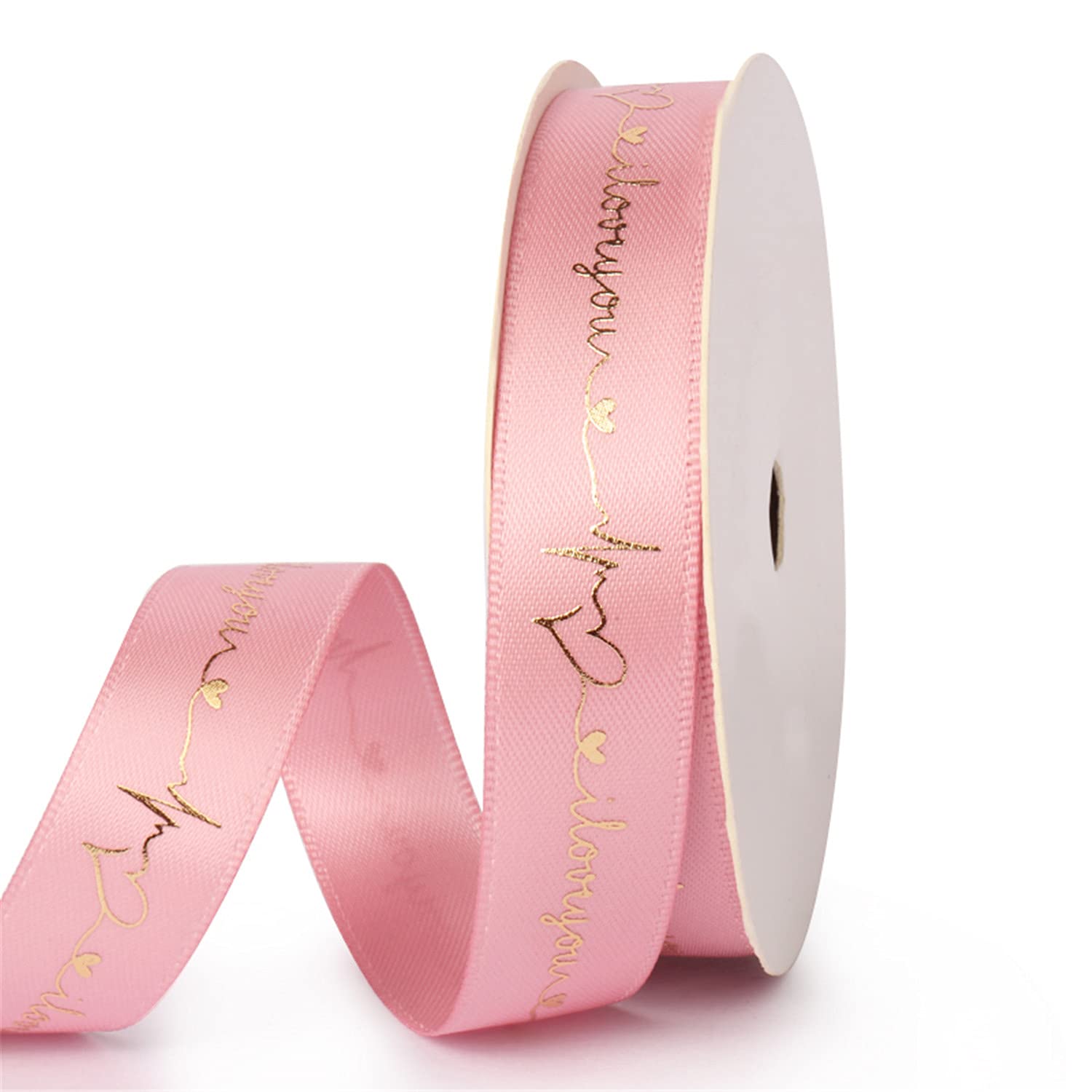 TINGCHAO 9m x 16mm Pink Satin Ribbon with Heartbeat Love Pattern - Perfect for Cake Decorating, Holiday Gift Wrapping, Bouquet Arrangements & Wedding Party Decorations