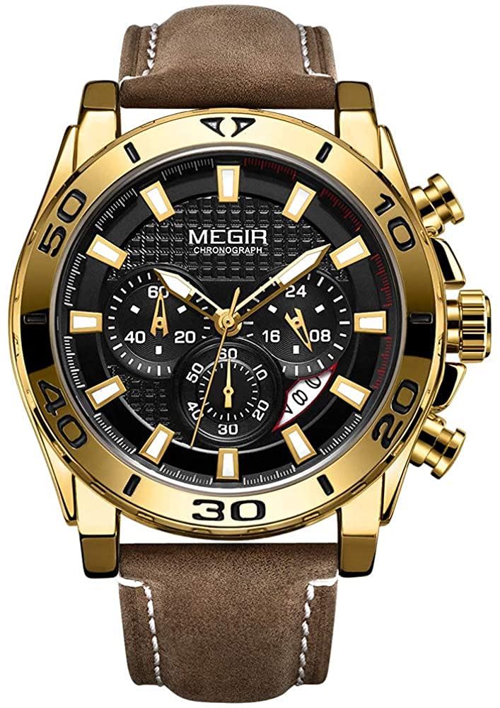 MEGIR Men's Military Sport Watch - Waterproof Quartz Chronograph Wristwatch with Leather Strap (Gold Brown) | Fashion Business Casual & Outdoor Adventure Watch