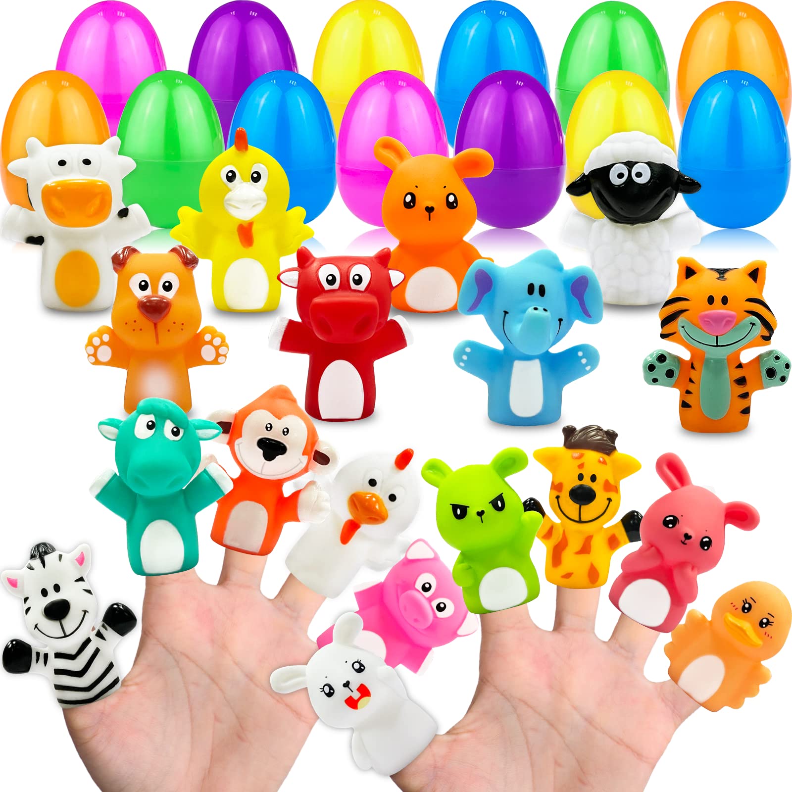 20 Pack Prefilled Easter Eggs with Animal Finger Puppets - Easter Basket Stuffers for Kids, Toddlers - Easter Egg Hunt Party Favors, Classroom Prizes - Perfect for Easter Celebrations, Birthday Parties & School Events