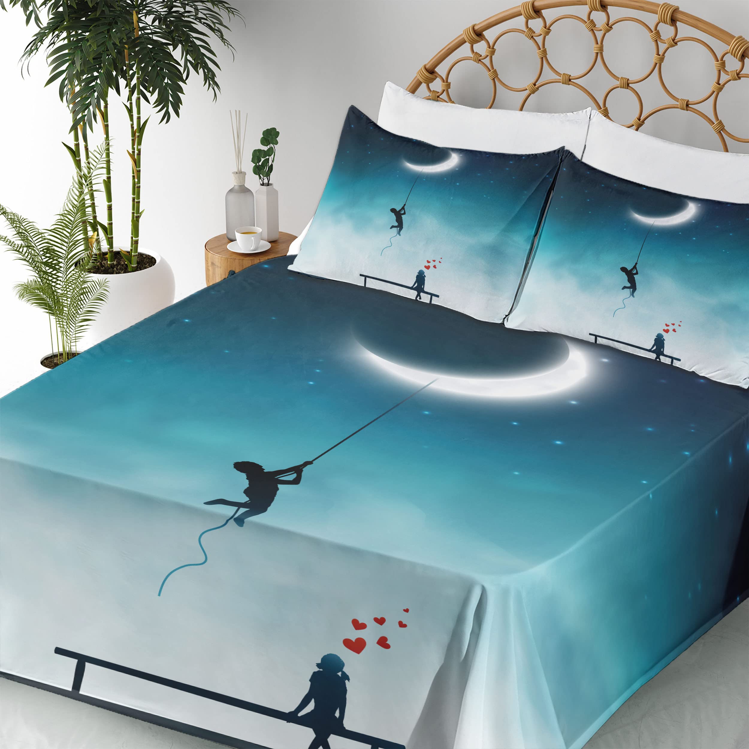 Ambesonne Fantasy Bed Sheet Set 4-Piece - King Size, Teal & White, Fitted & Flat Sheets with Pillowcases - Romantic Moon Climbing Boy & Bench Girl Art Design - Perfect for Couples' Bedrooms, Guest Rooms & Cozy Home Decor
