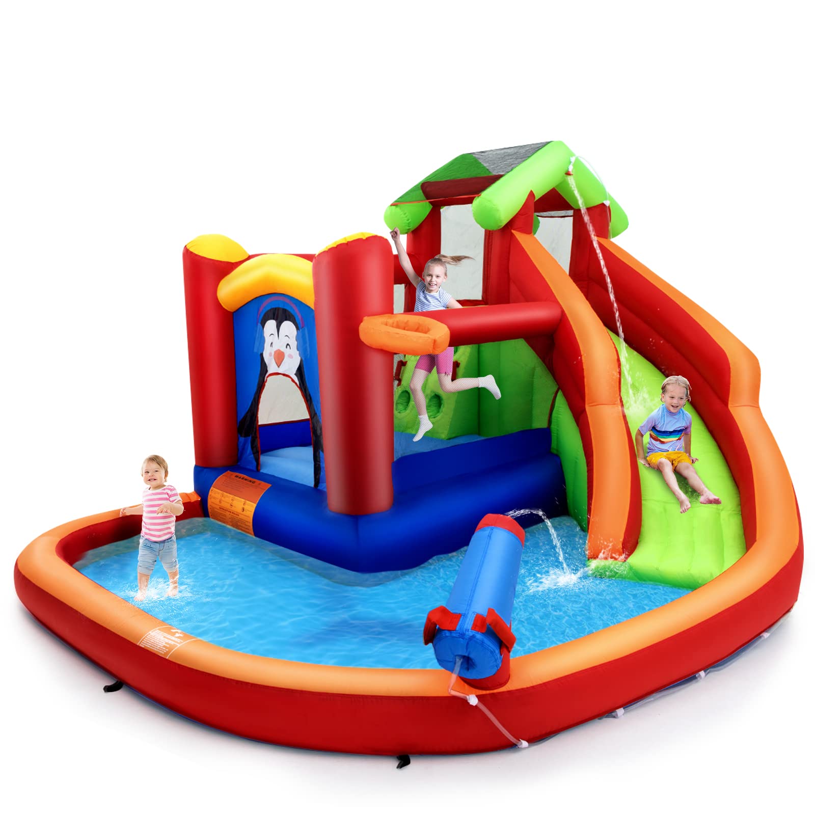 OLAKIDS Inflatable Water Slide for Kids - Outdoor Bounce House with Slide, Splash Pool, Climbing Wall, Water Gun & Basketball Hoop - Indoor/Outdoor Jumping Castle Includes Hose, Carry Bag & Repair Kit (Red) - Perfect for Backyard Parties, Summer Fun & Birthday Celebrations