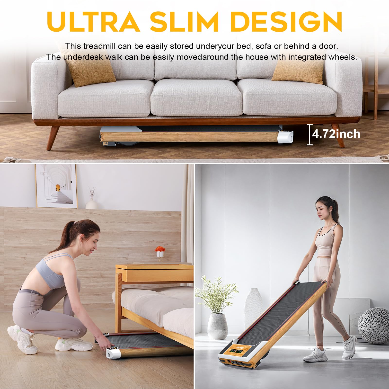 2 in 1 Under Desk Treadmill with Incline - Compact Walking Pad & Jogging Machine for Home Office, Wood Grain Design | Perfect for Workouts While Working or Watching TV