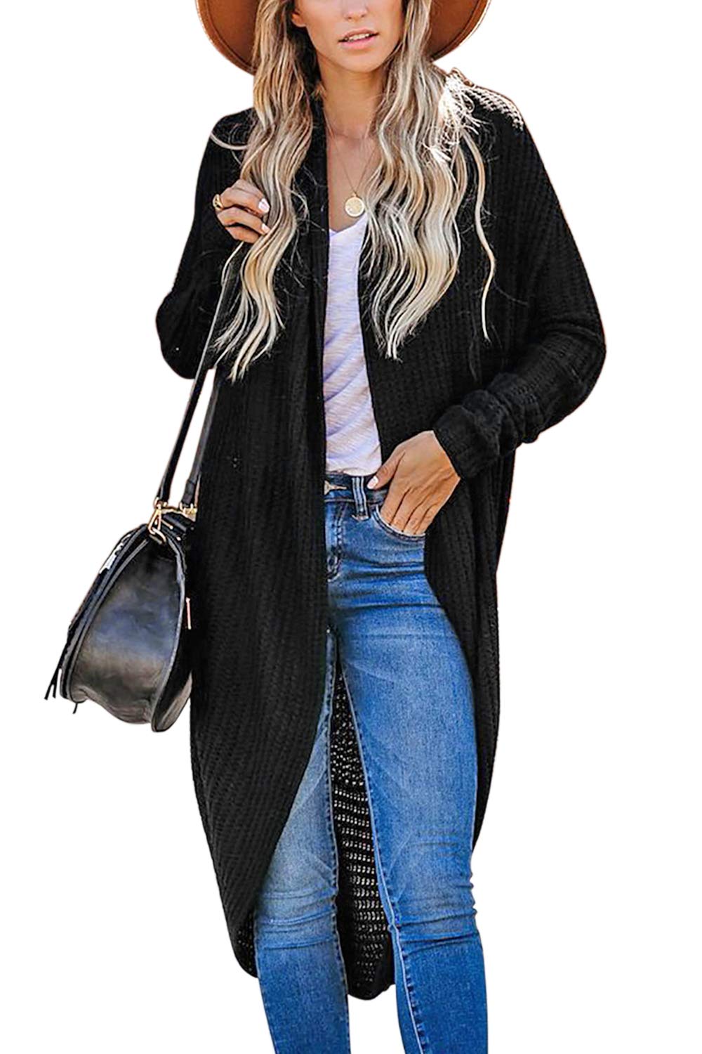 Jayscreate Women's Chunky Knit Waffle Cardigan Sweater - Long Sleeve Two-Way Open Front Shrug - Black Thick Casual Cover-Up for Fall & Winter | Perfect for Office, Date Night & Cozy Loungewear