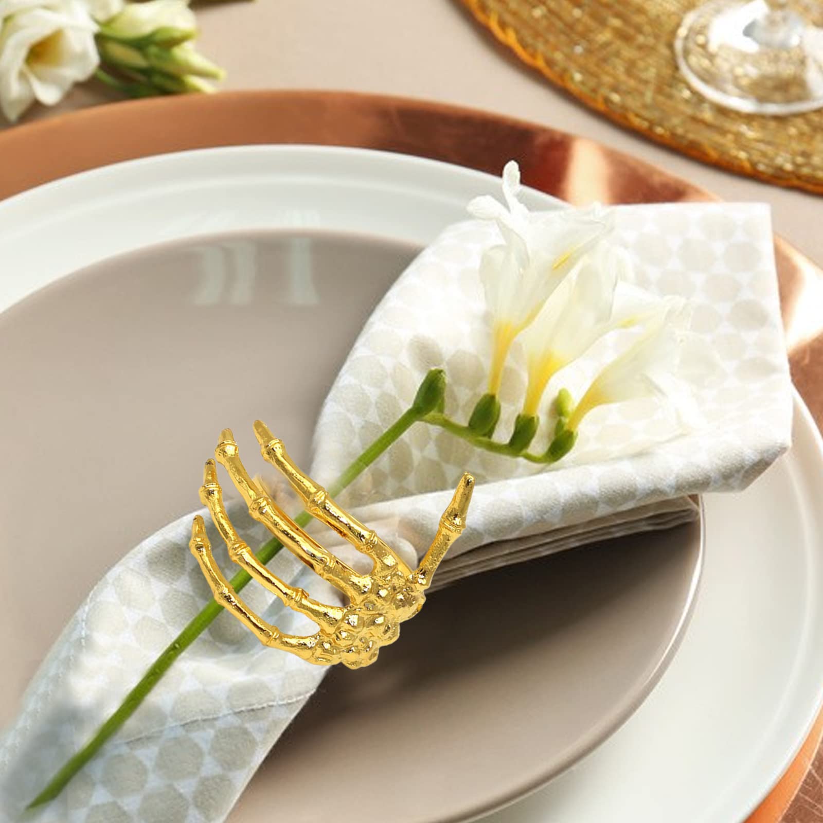 BestAlice Halloween Skull Napkin Rings Set of 12 - Gold Skeleton Hand Napkin Holders for Spooky Table Decor, Halloween Party Supplies & Haunted House Dining Accessories | Perfect for Halloween Dinner Parties, Themed Events & Gothic Home Decor