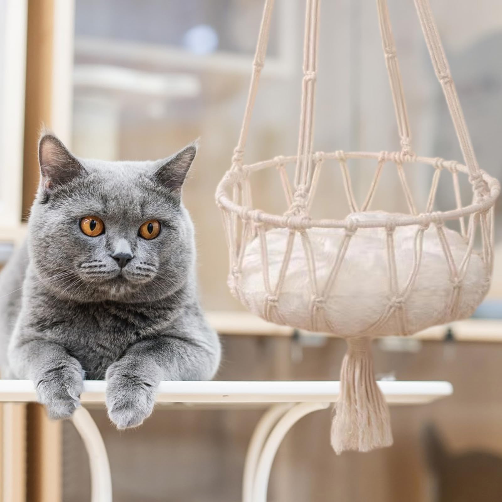 Vifucz Handwoven Macrame Cat Hammock Bed - Washable Hanging Cat Swing for Indoor & Outdoor Use - Cozy Climbing & Lounging Pet Bed - Perfect Gift for Cat Lovers & Home Decor