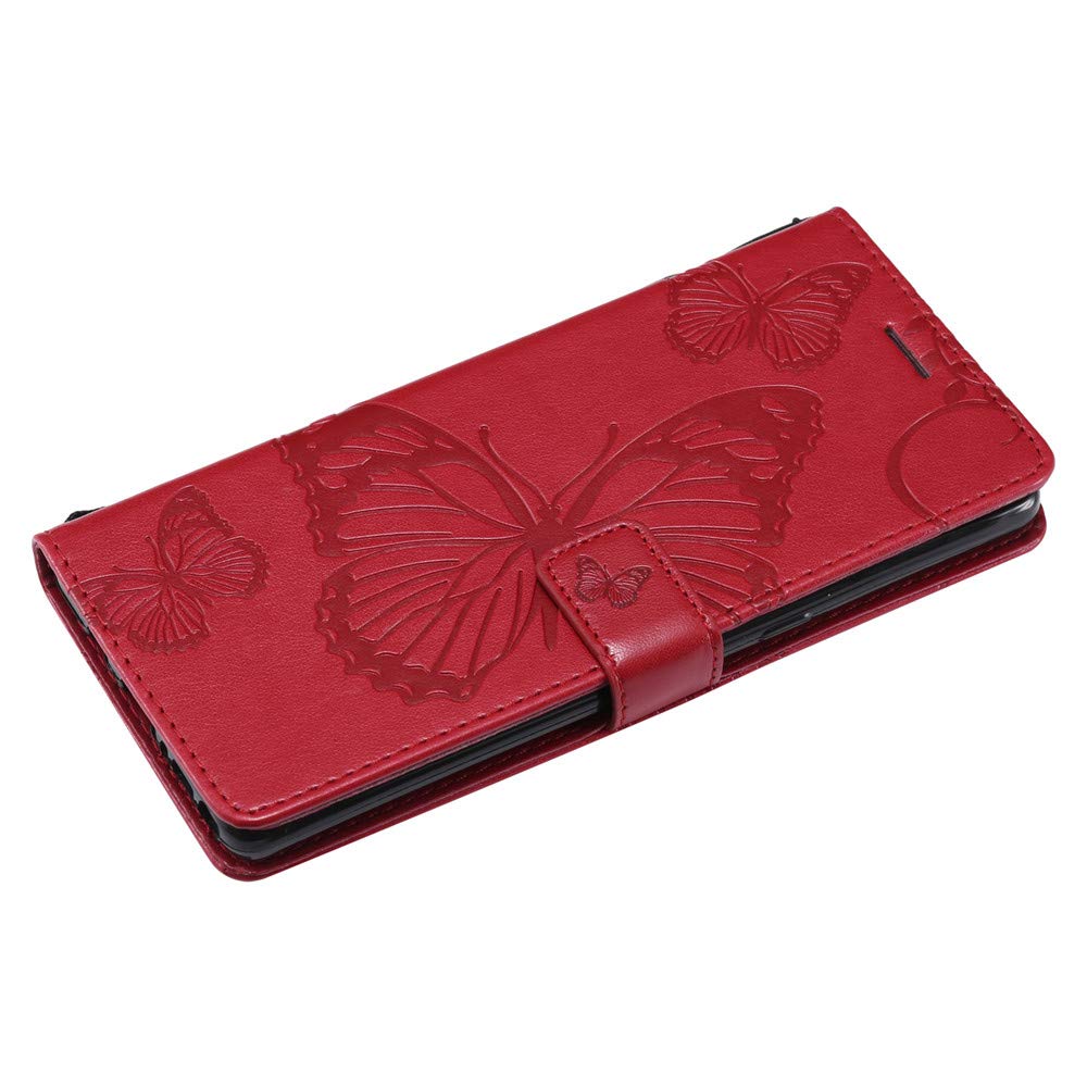 Samsung Galaxy Note 8 Case - Butterfly Embossed Magnetic Clasp Wallet Cover with Hand Strap | Slim Protective Phone Case for Women | Perfect for Work, Travel & Everyday Use (Red)