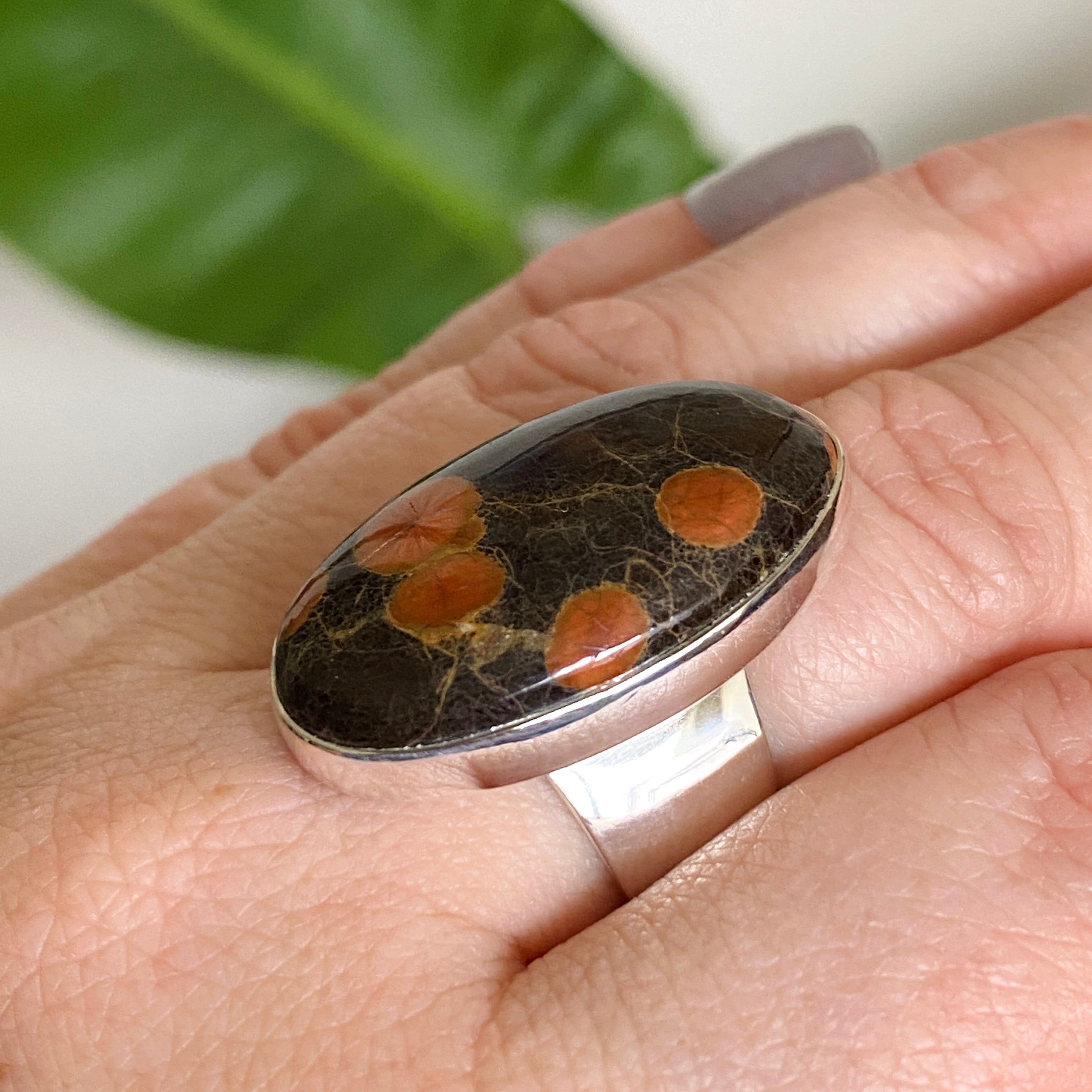 Natural Peanut Obsidian Perlite Oval Cabochon Ring - Size 8 - KRGJ3347 - Perfect for Boho Jewelry, Healing Crystals & Spiritual Gifts