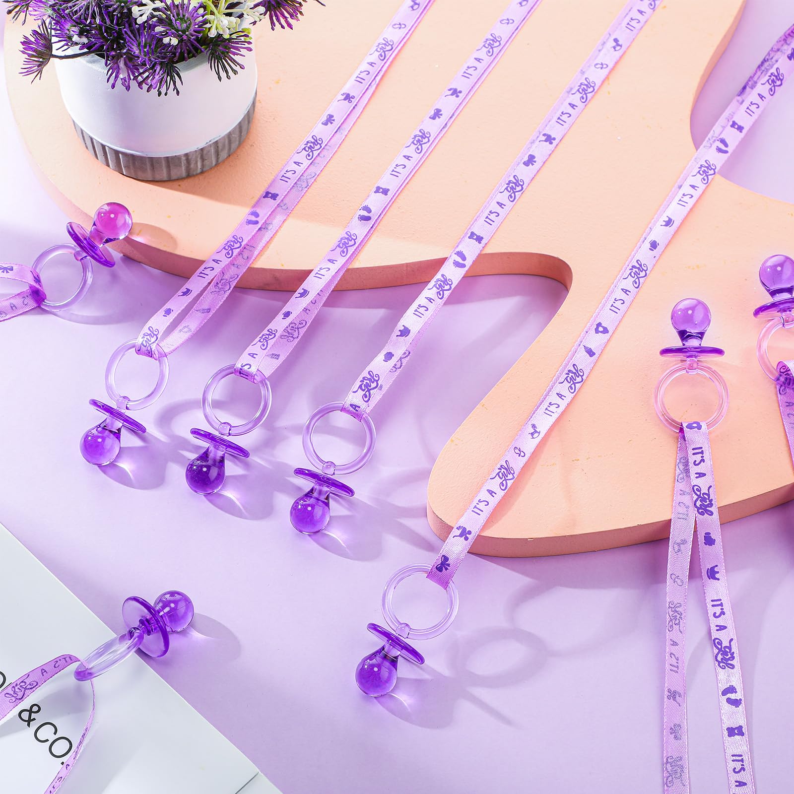 36 Pcs Baby Shower Pacifier Necklaces - Acrylic Pacifier Party Favors for Girls & Boys - Purple & Light Purple Baby Shower Decorations - Perfect for Baby Shower Party Decor, Table Scatter & Gender Reveal Events
