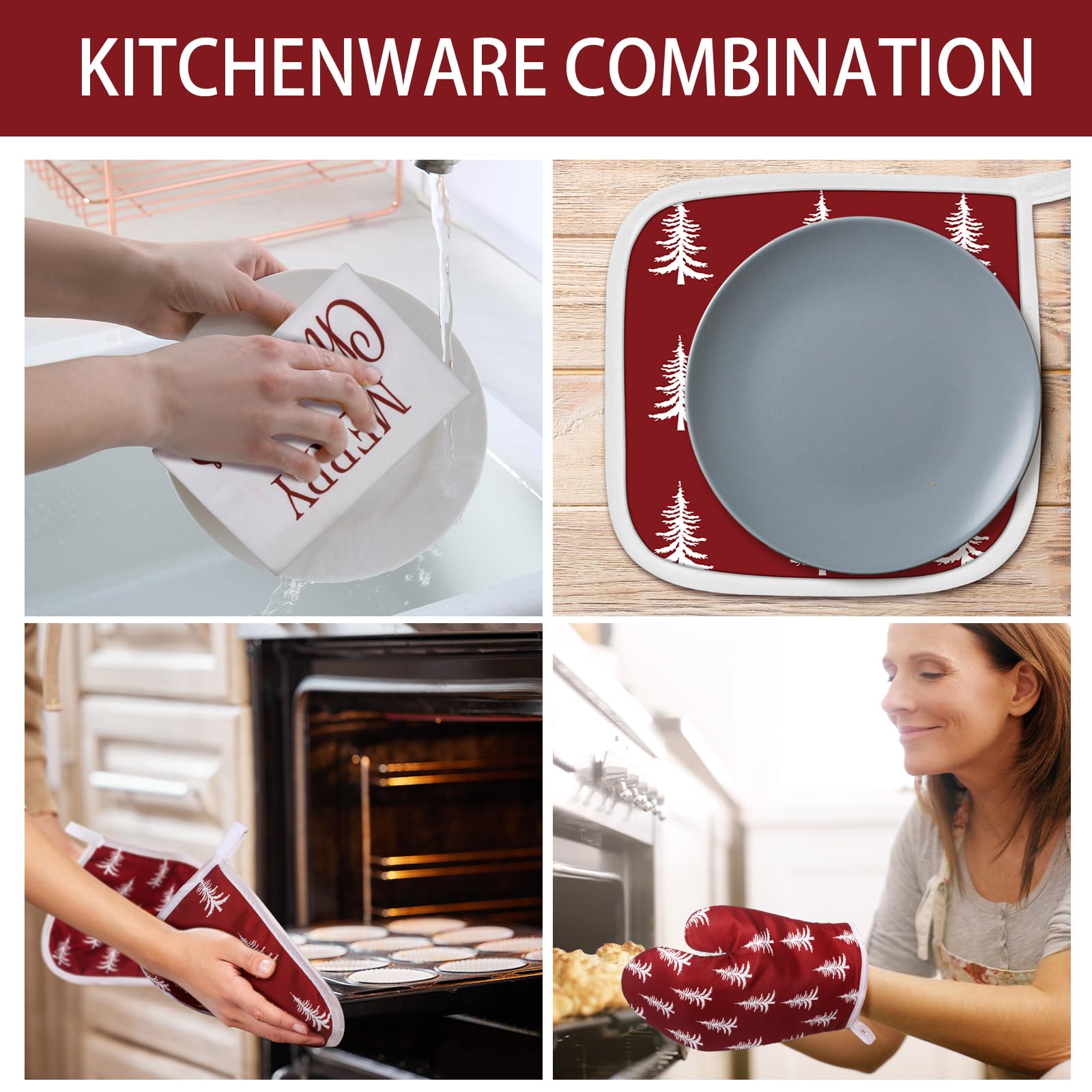 5-Piece Neutral Christmas Kitchen Towels, Oven Mitts & Pot Holder Set - Modern Holiday Decor for Farmhouse Kitchens - Xmas Tree Design - Perfect for Baking, Cooking & Festive Home Decor (Red)