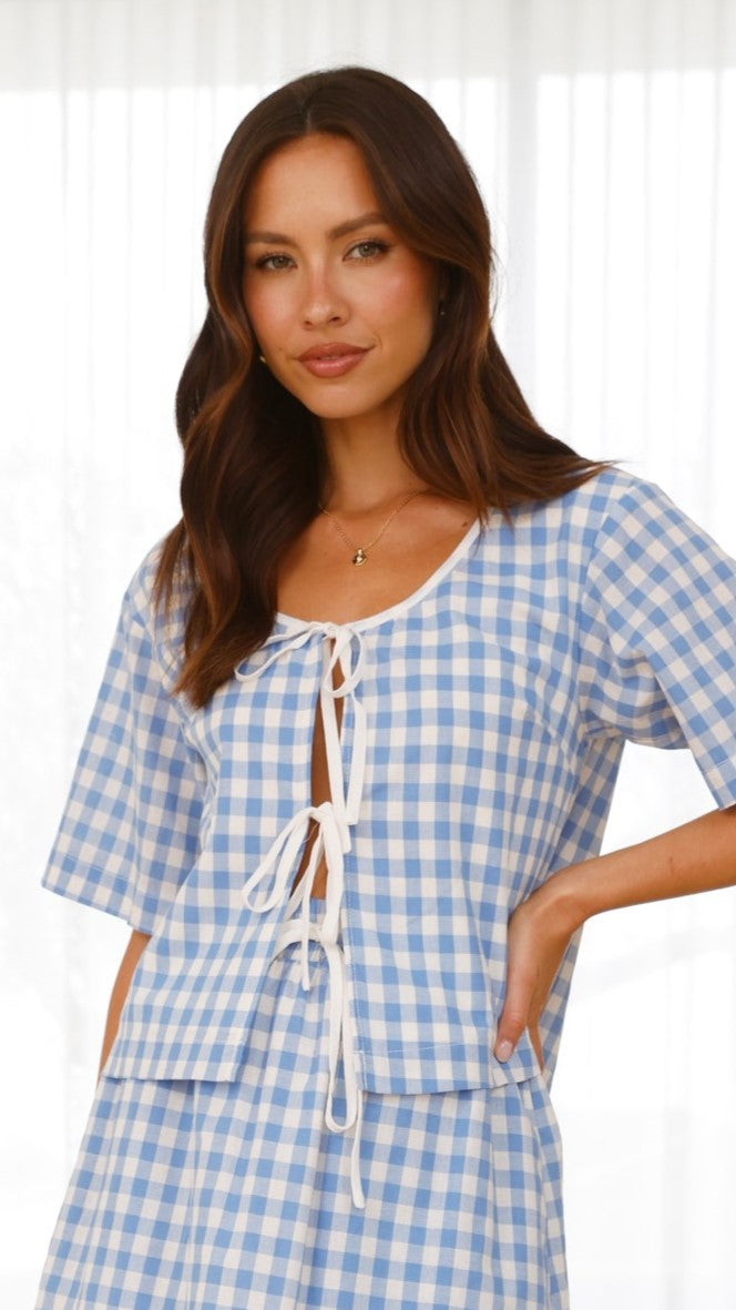 Madison Top Women's Blue and White Gingham Checkered Shirt - Casual Summer Blouse for Outdoors, Beach & Vacation