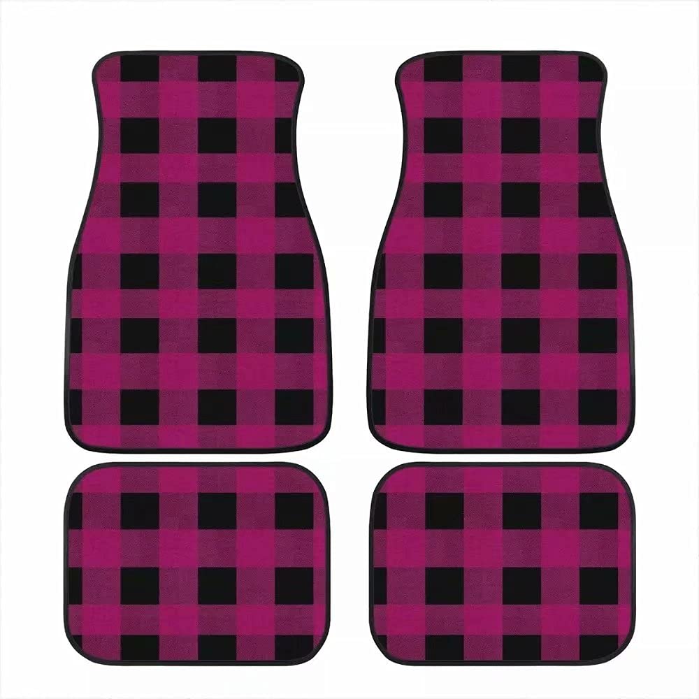 Premium Dark Rose Red & Black Plaid Universal Car Floor Mats - 4-Piece Full Set for SUVs, Vans, Cars & Trucks | Waterproof & Durable All-Weather Protection for Daily Commute & Road Trips
