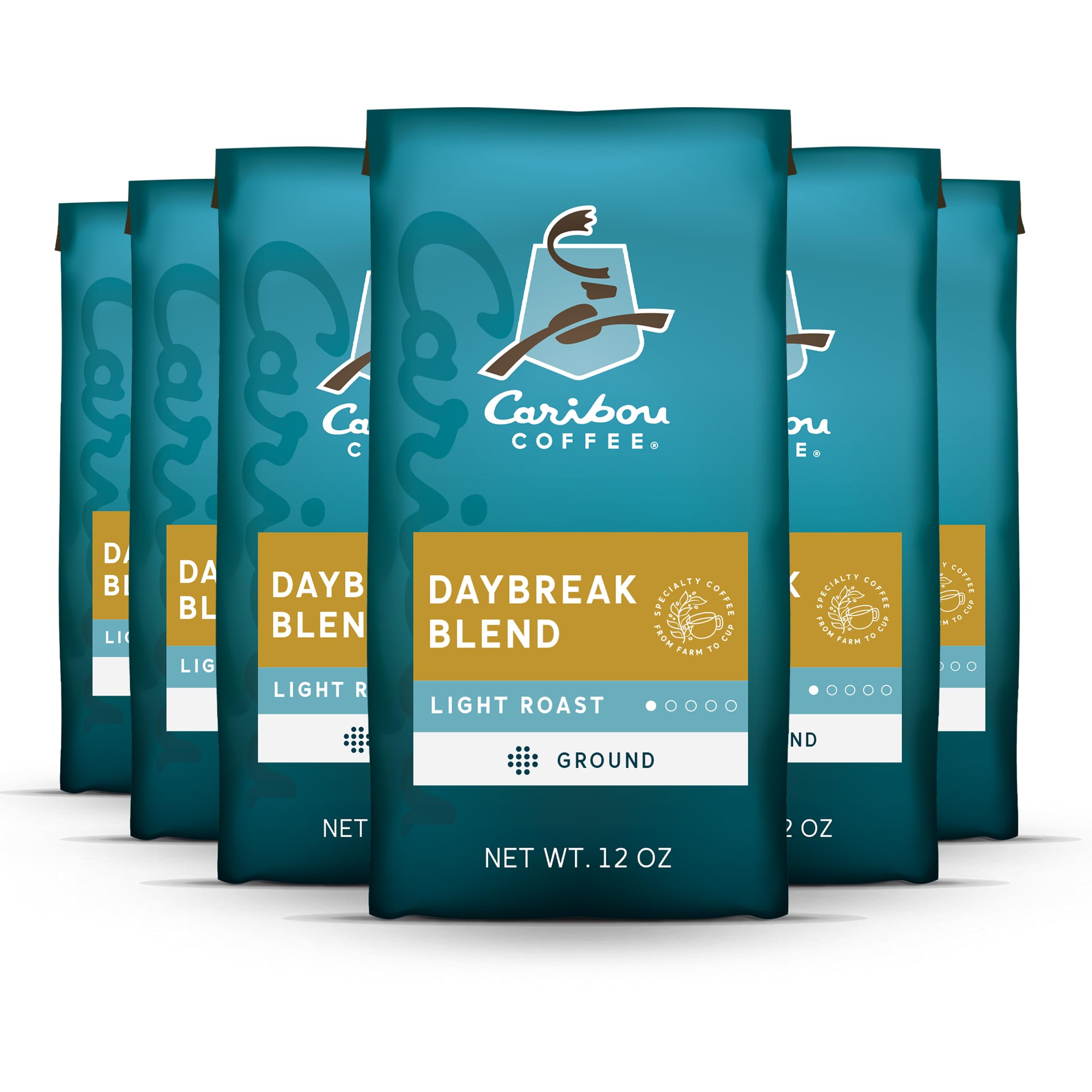 Caribou Coffee Light Roast Ground Coffee - Daybreak Blend 72oz (6x12oz Bags) | Smooth & Balanced Breakfast Blend | Perfect for Morning Brewing, Office Coffee & Gift Giving