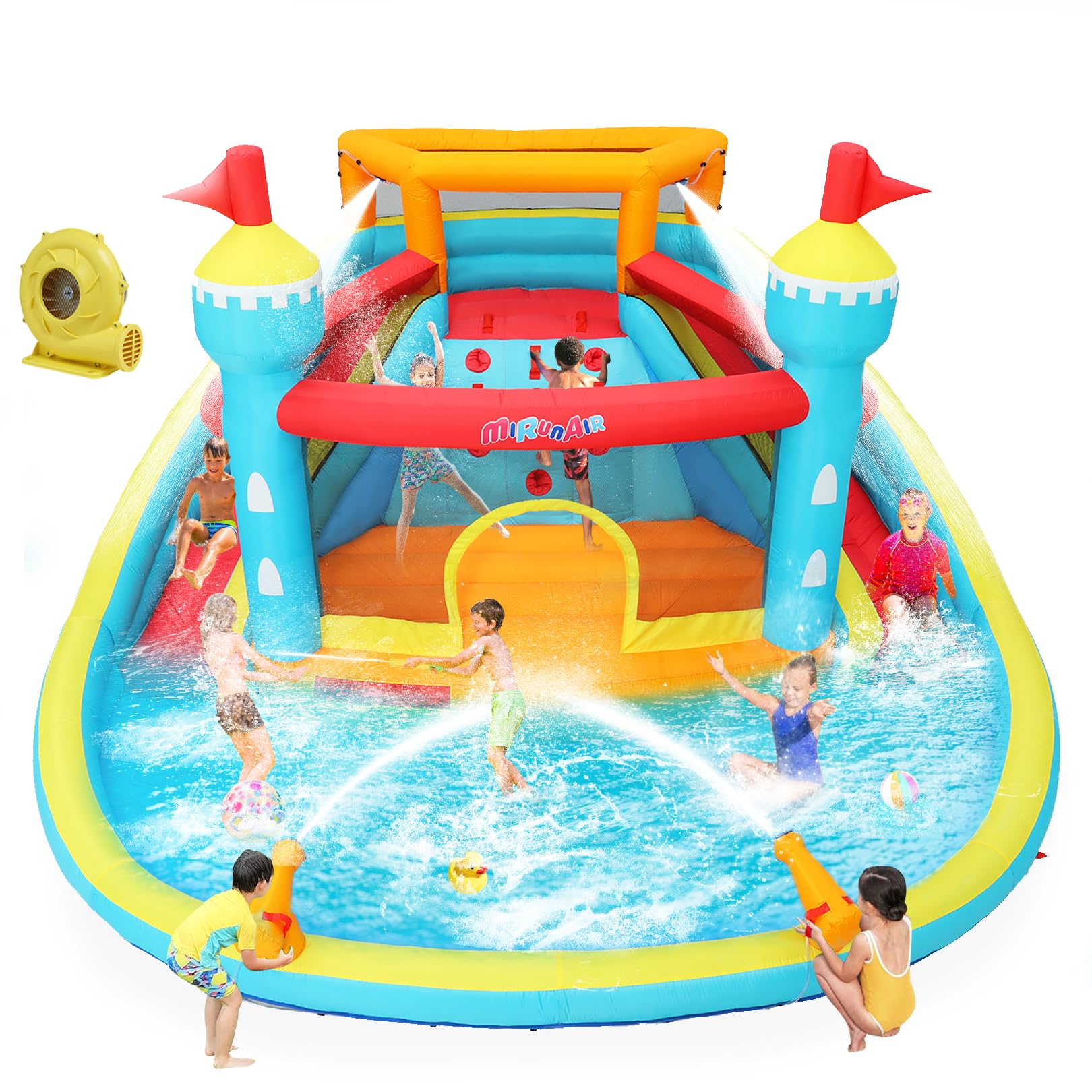 10-in-1 Inflatable Water Slide Park with Splash Pool, Jump Area, Climbing Wall & Water Cannons - 520W Blower Included | Perfect for Backyard Summer Fun, Kids Birthday Parties & Outdoor Water Play (Blue-Orange)