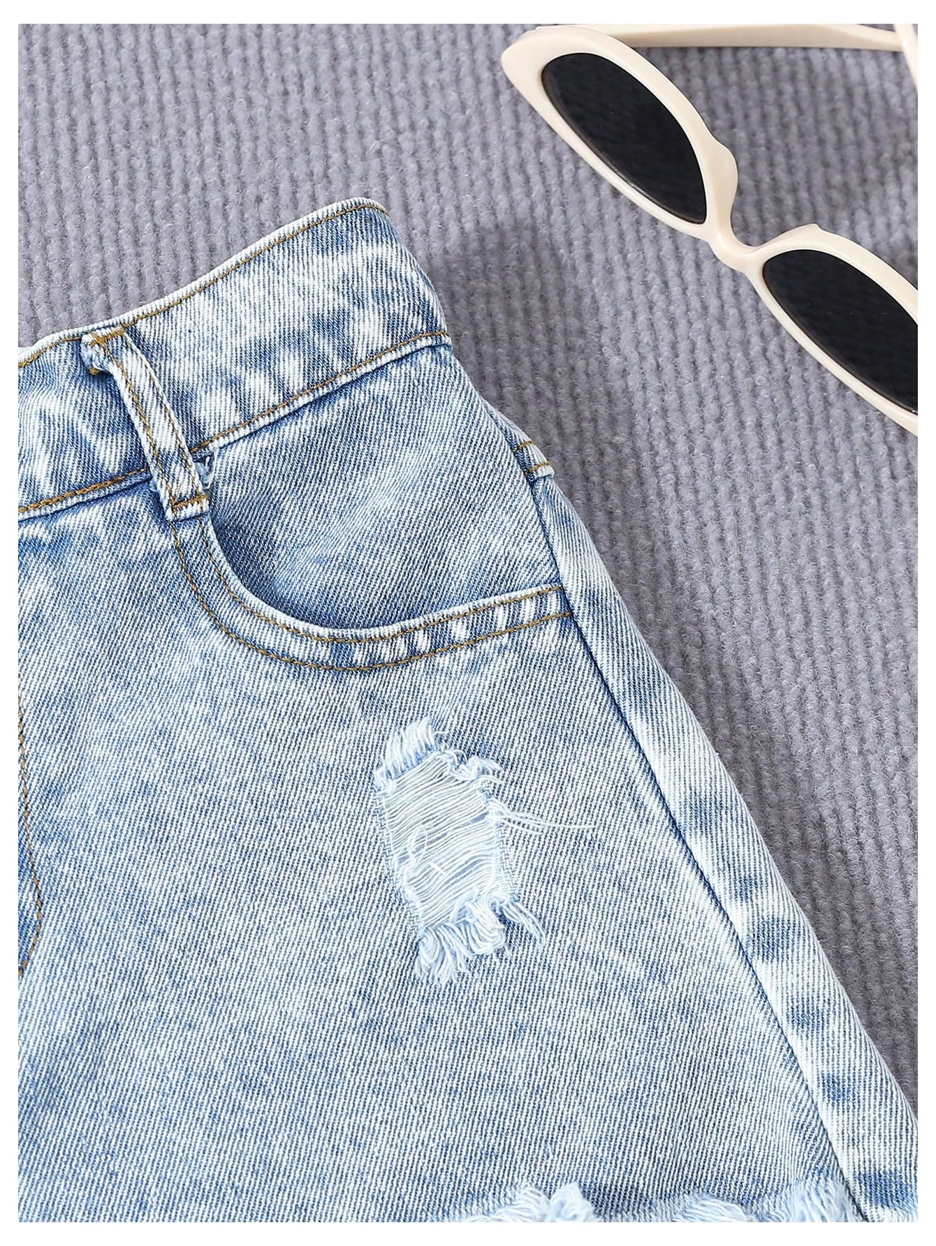 Floerns Girls Distressed Raw Hem Denim Shorts - Elastic Waist Straight Leg Jean Shorts for Teens | Casual Summer Outfits, Beach Wear & Everyday Fashion