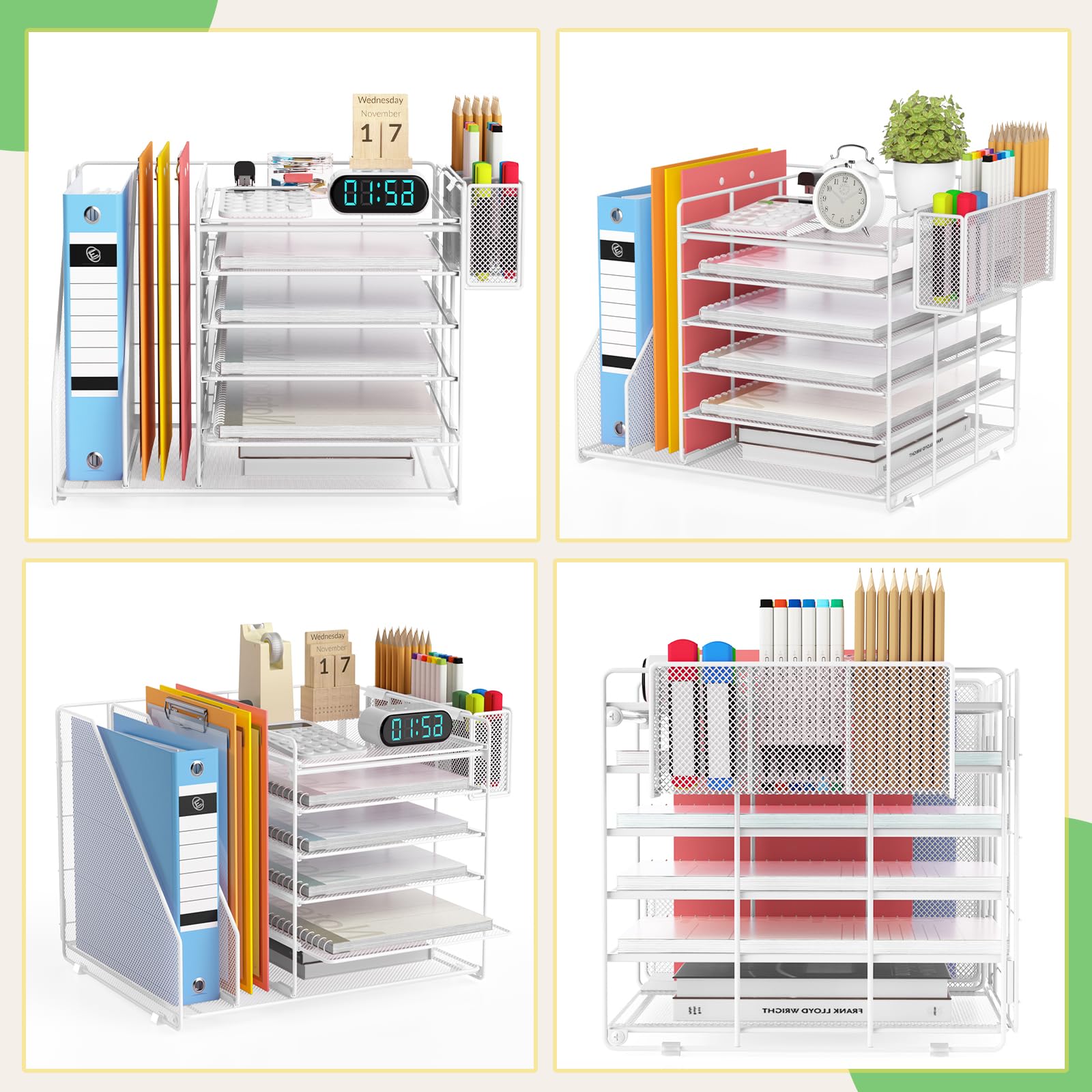 6-Tier Mesh Desk Organizer with File & Pen Holders - White Office Paper Tray for Workspace Organization | Perfect for Home Office, Study Desk & Office Workstation Accessories