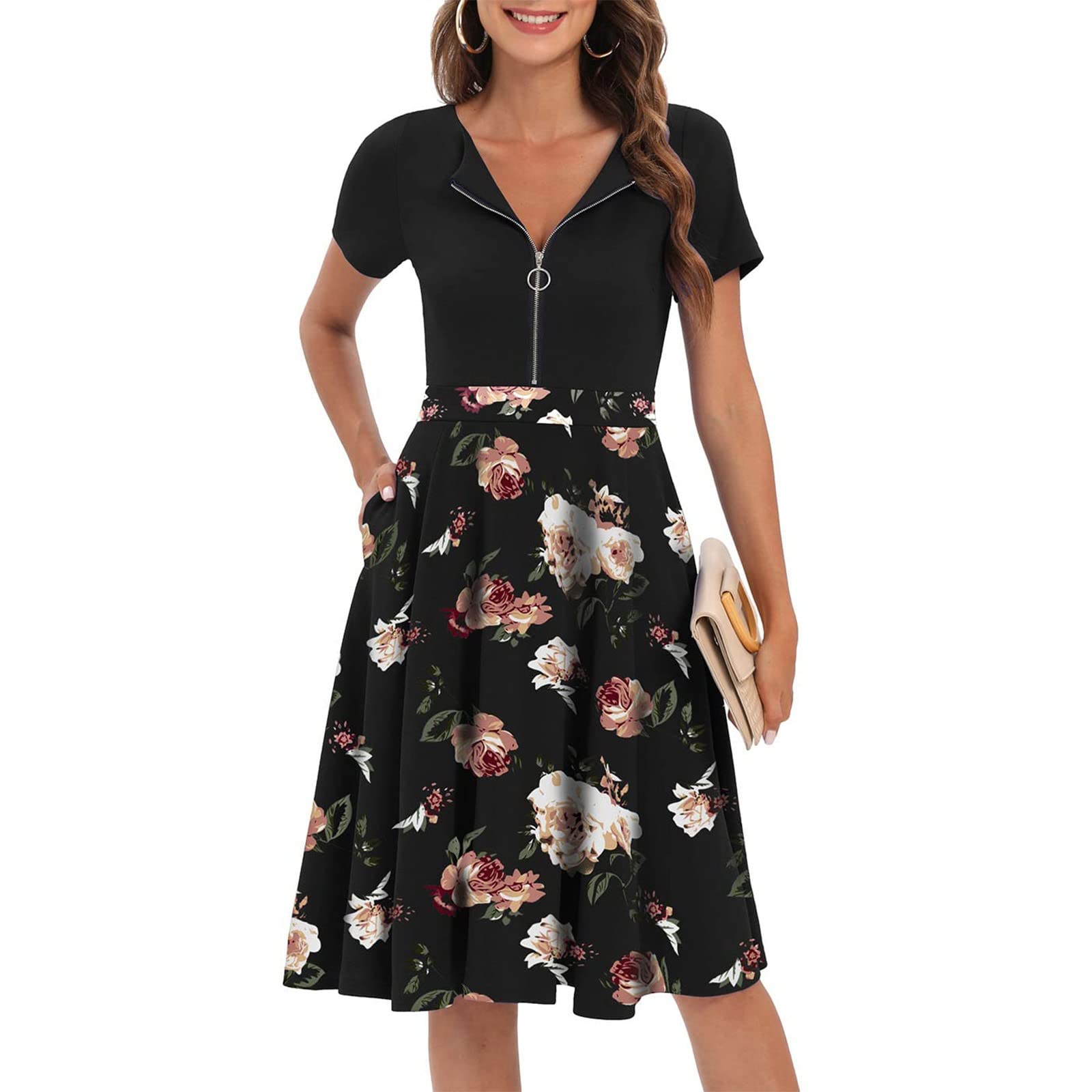 Stylish Women's Midi Summer Dresses - Fashion Crewneck Short Sleeve Zipper Swing Party Dress | Elegant & Classy for Beach Vacations, Garden Parties & Date Nights