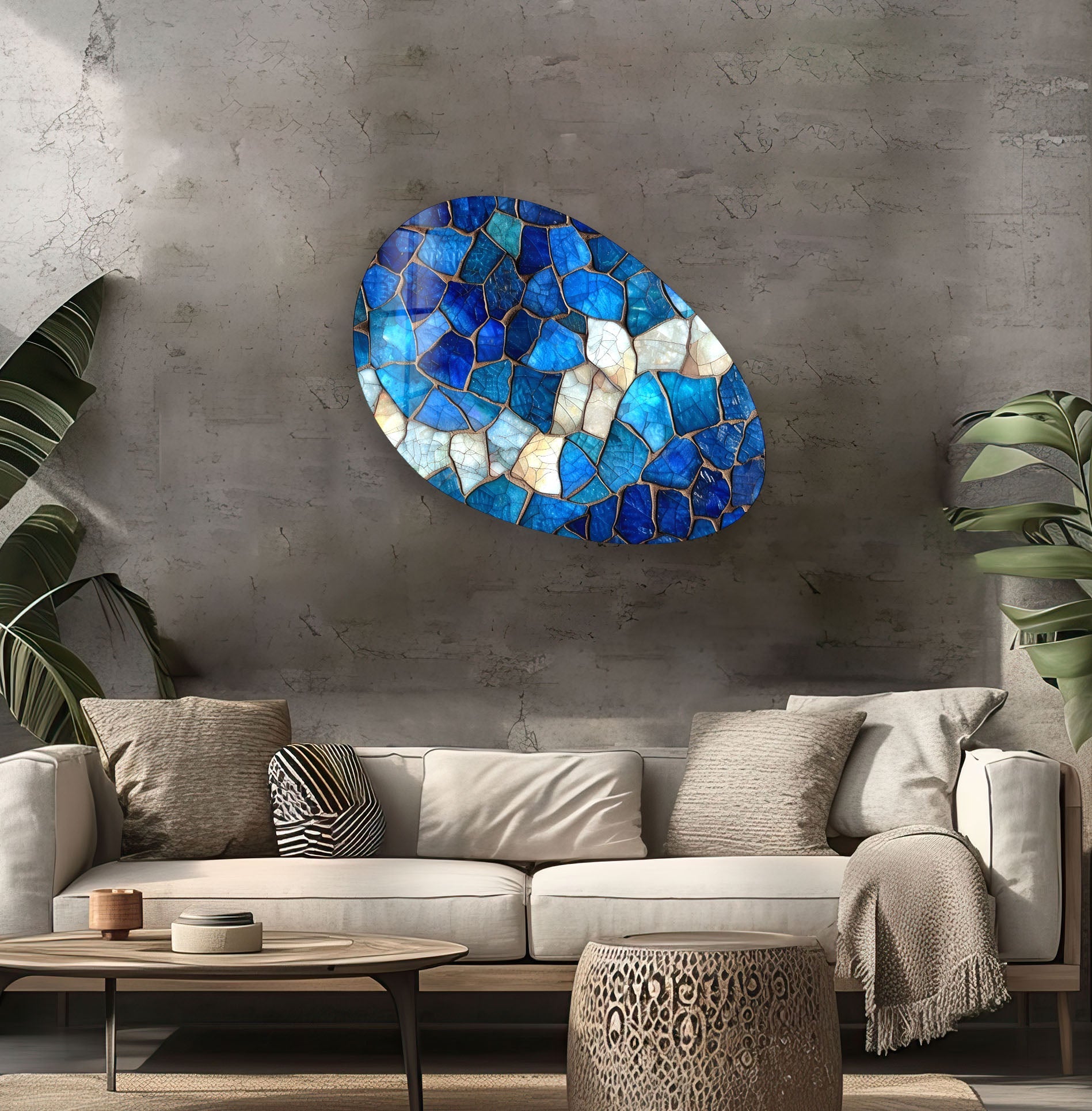 Blue Stained Decorative Oval Glass Wall Art - Handcrafted Modern Home Decor for Living Room, Bedroom & Office