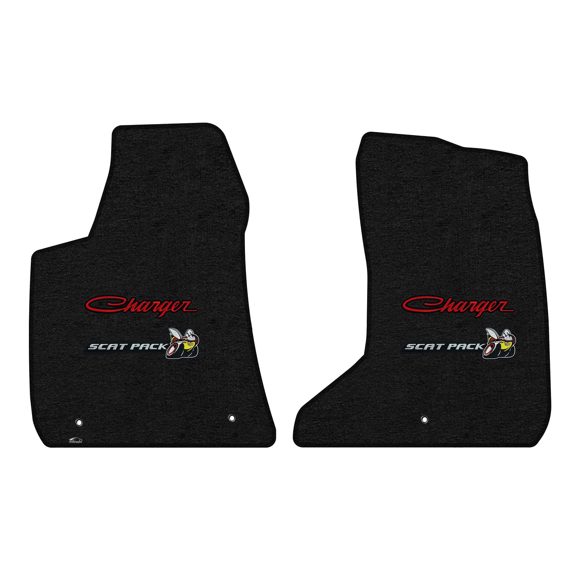 Lloyd Mats Heavy Duty Carpeted Floor Mats for Dodge Charger 2015-2023 | AWD Compatible | Front Set (2PC) with Scat Pack Logo | Charcoal Black | All-Weather Protection & Custom Fit for Dodge Charger Models | Perfect for Daily Commuting, Road Trips & Car Shows