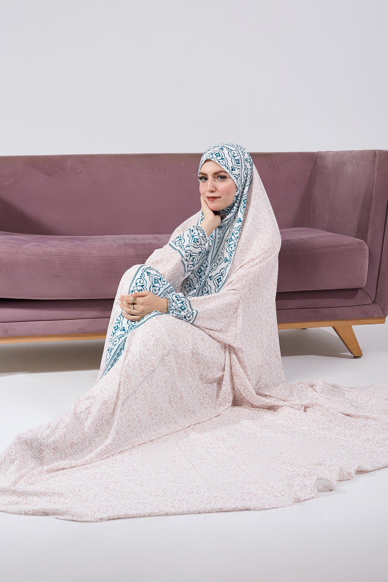 Elegant Nahlah Satin Prayer Gown with Blue Moroccan Print & Elastic Cuffs - Perfect for Muslim Women's Home Worship & Special Occasions