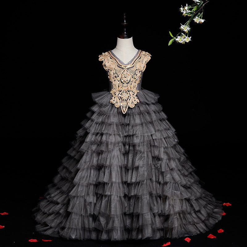 Elegant Grey Tulle Princess Flower Girl Dress with Lace Pleated Straps - Perfect for Weddings, Birthday Parties & Special Occasions