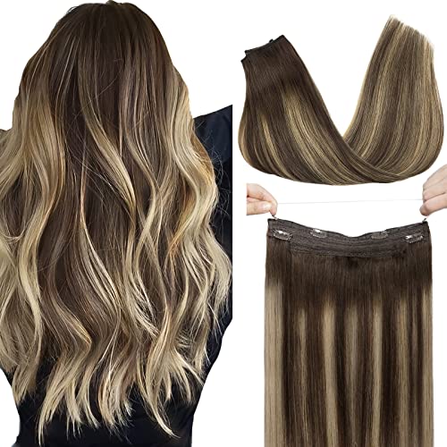 GOO GOO 20 Inch Human Hair Extensions 110g - Remy Hair Balayage Chocolate Brown to Honey Blonde - Invisible Wire Hair Extensions for Natural Volume & Length | Perfect for Weddings, Parties & Daily Styling