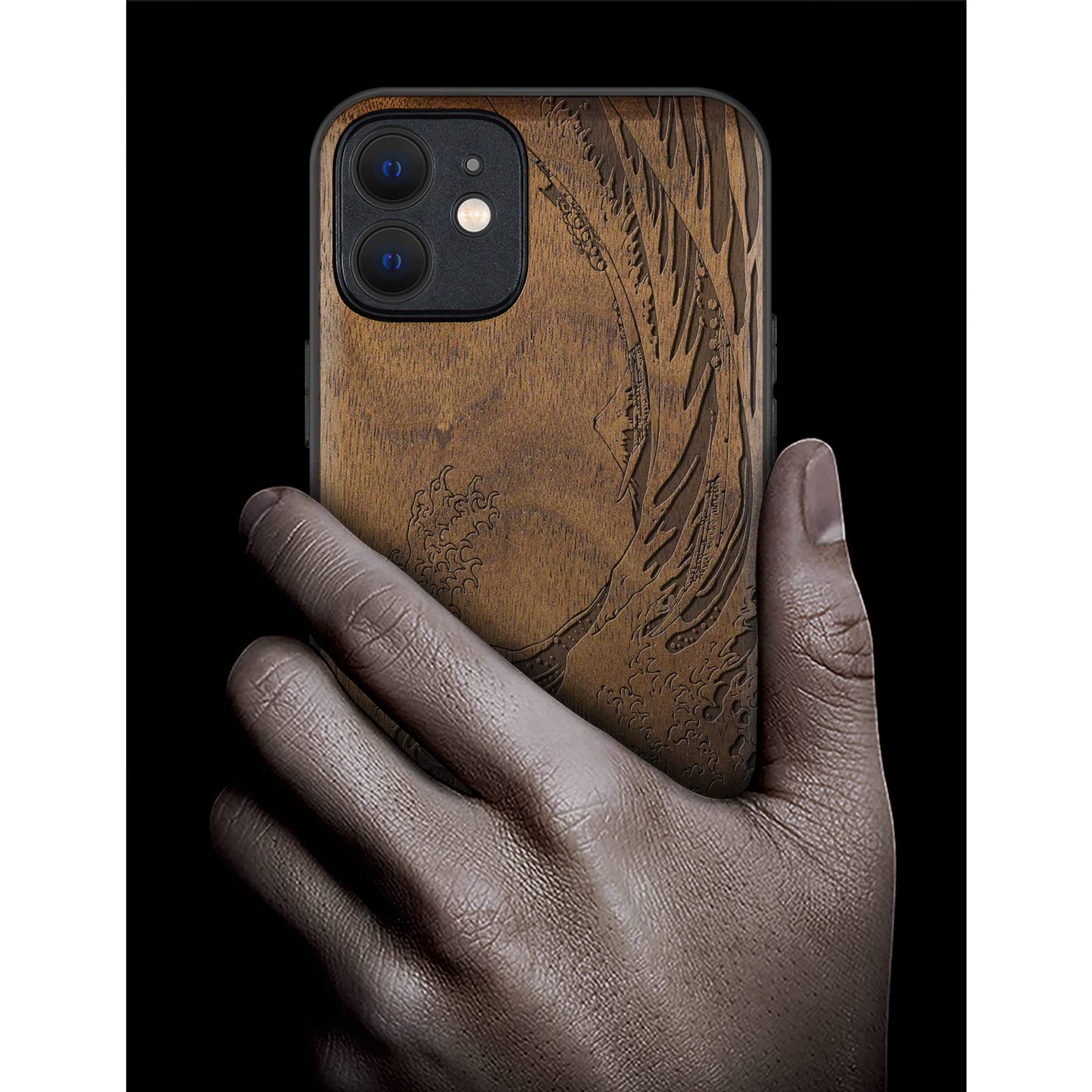 Carveit Magnetic Wood Case for iPhone 12 - Real Walnut Wood & Soft TPU Shockproof Cover - MagSafe Compatible Protective Case - The Great Wave Off Kanagawa Design - Perfect for Outdoor Adventures, Business Meetings & Everyday Protection