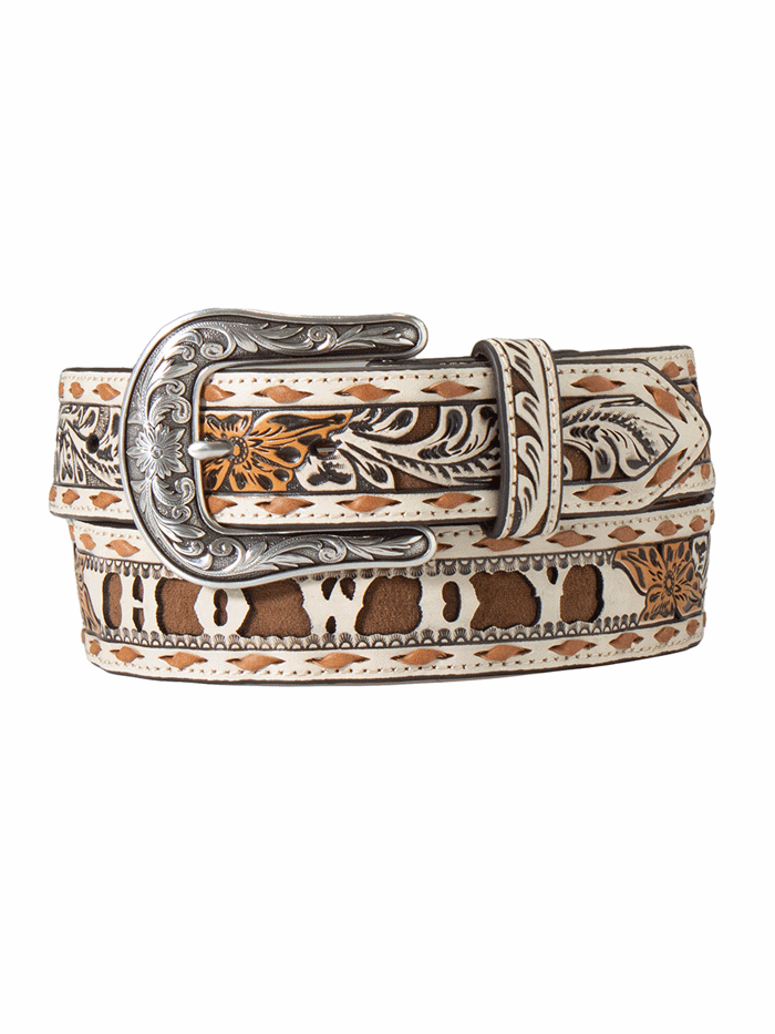 Angel Ranch D140006512 Women's Howdy Filigree Western Belt - Brown & Ivory Cowgirl Belt for Country Fashion & Rodeo Events