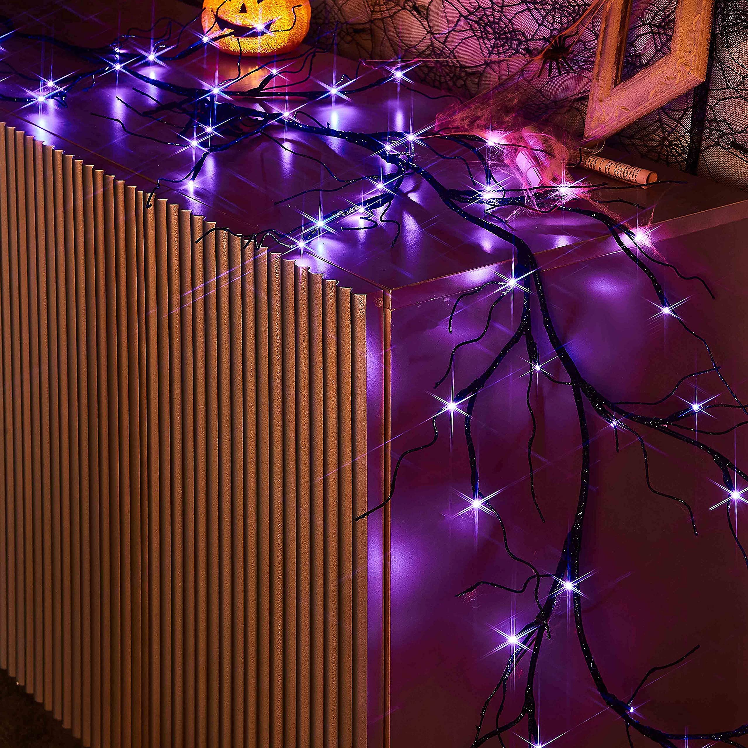 LITBLOOM 6FT Black Glitter Halloween Garland with 48 Orange & Purple LED Lights - 8 Lighting Modes, Battery Operated for Indoor/Outdoor Decor - Perfect for Halloween Parties, Home Decor, and Seasonal Celebrations