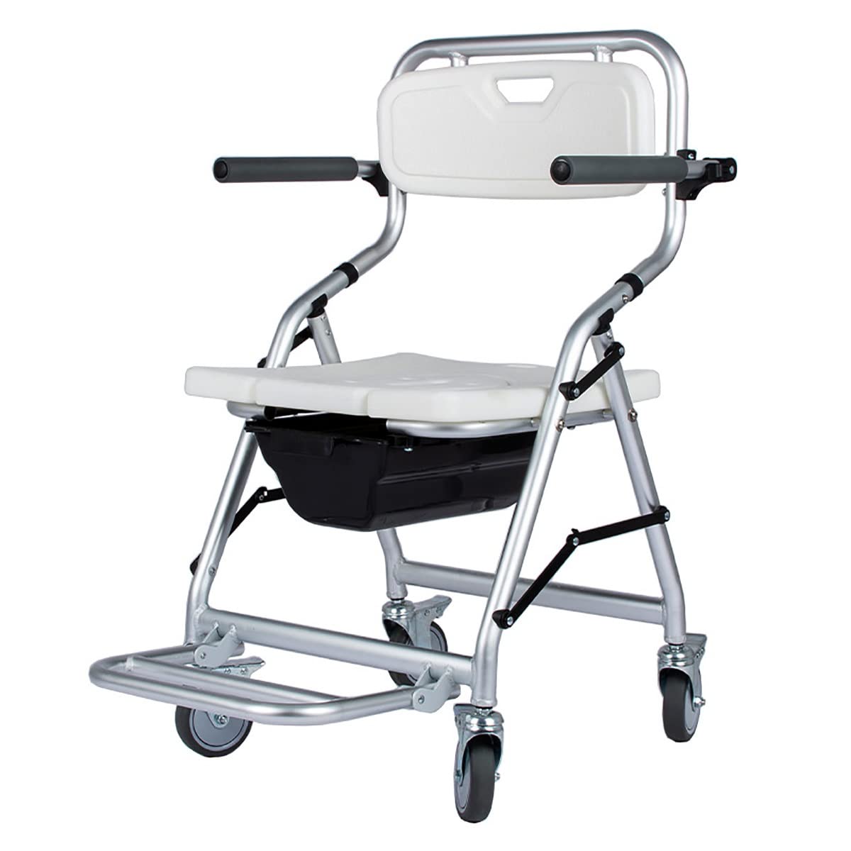 Portable Aluminum Folding Shower Chair with Wheels - Bedside Commode Toilet Chair with Foldable Armrests & Footrests, Supports Up to 150kg (330lbs) - Ideal for Elderly Care, Post-Surgery Recovery & Home Bathroom Use