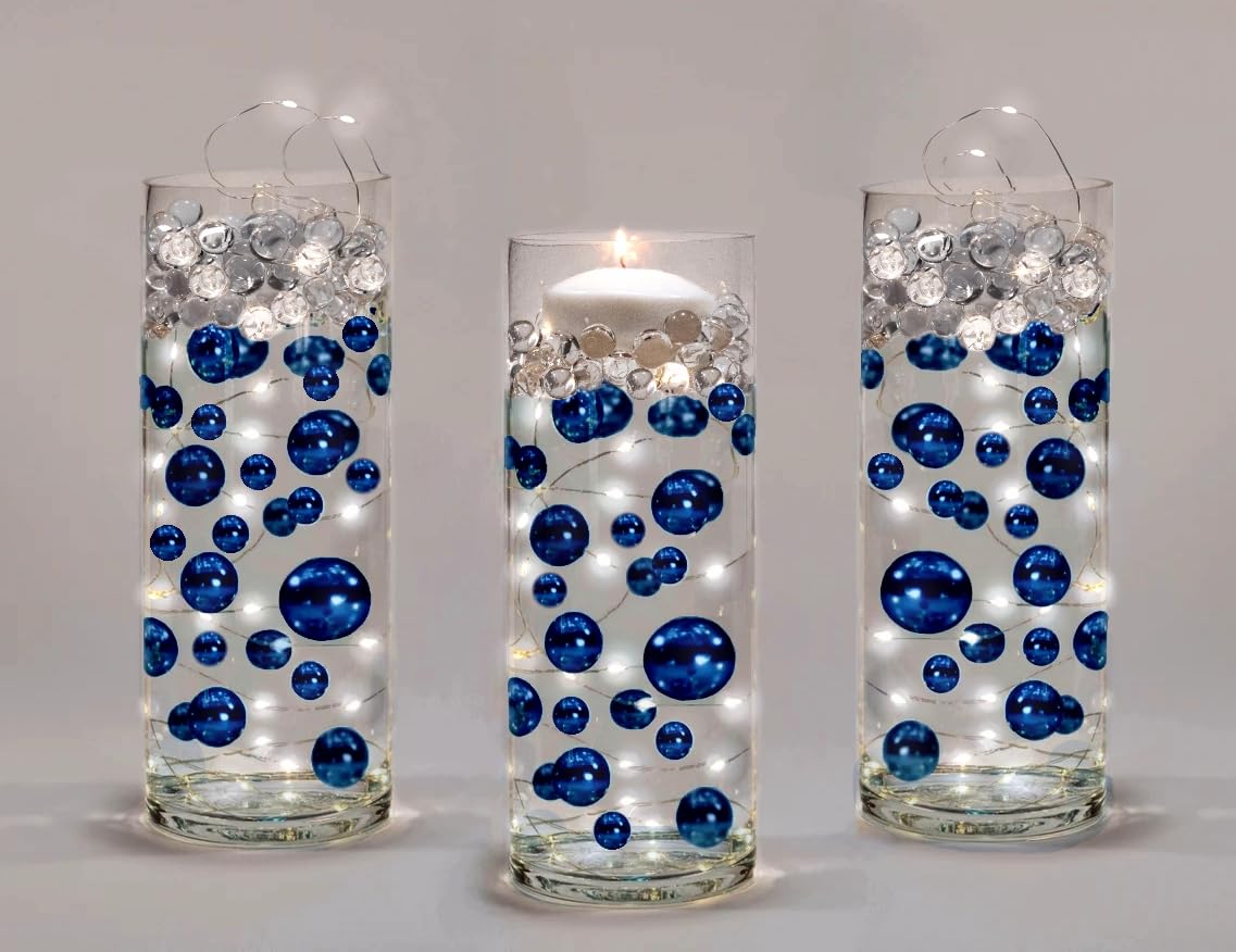 300 Floating Royal Blue & Navy Pearls - Large Size Pearls with Transparent Water Gel Kit for Stunning Floating Effect - Fills 4 Gallons for Vases - Includes White Submersible Fairy Lights - Perfect for Wedding Centerpieces, Home Decor & Spa Relaxation