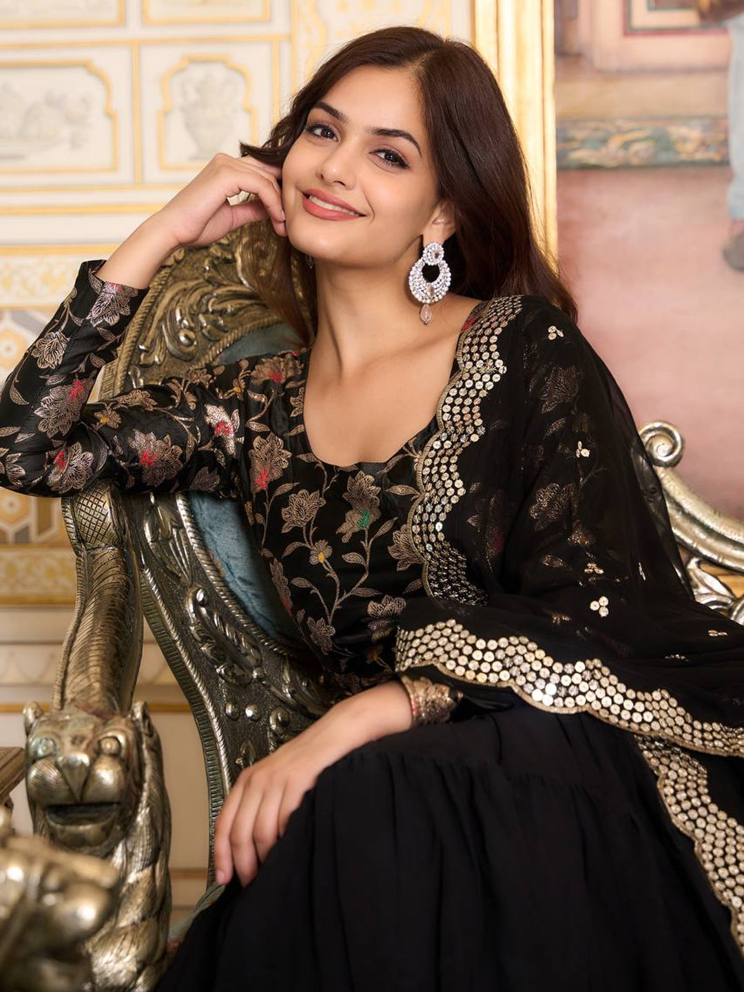 Elegant Black Embroidered Gown with Dupatta - Ready to Wear Festive Dress for Women | Perfect for Weddings, Parties & Special Occasions