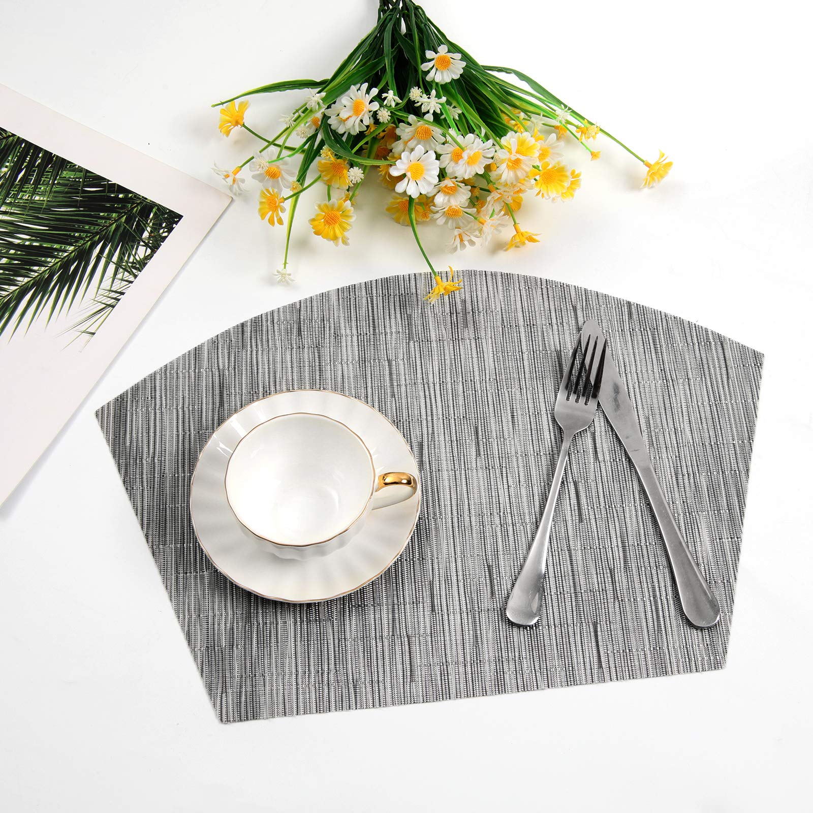 SHACOS 7-Piece Round PVC Woven Table Placemats Set with Wedge Design & Centerpiece - Washable, Silver Grey - Perfect for Dining Room, Kitchen, and Party Decor