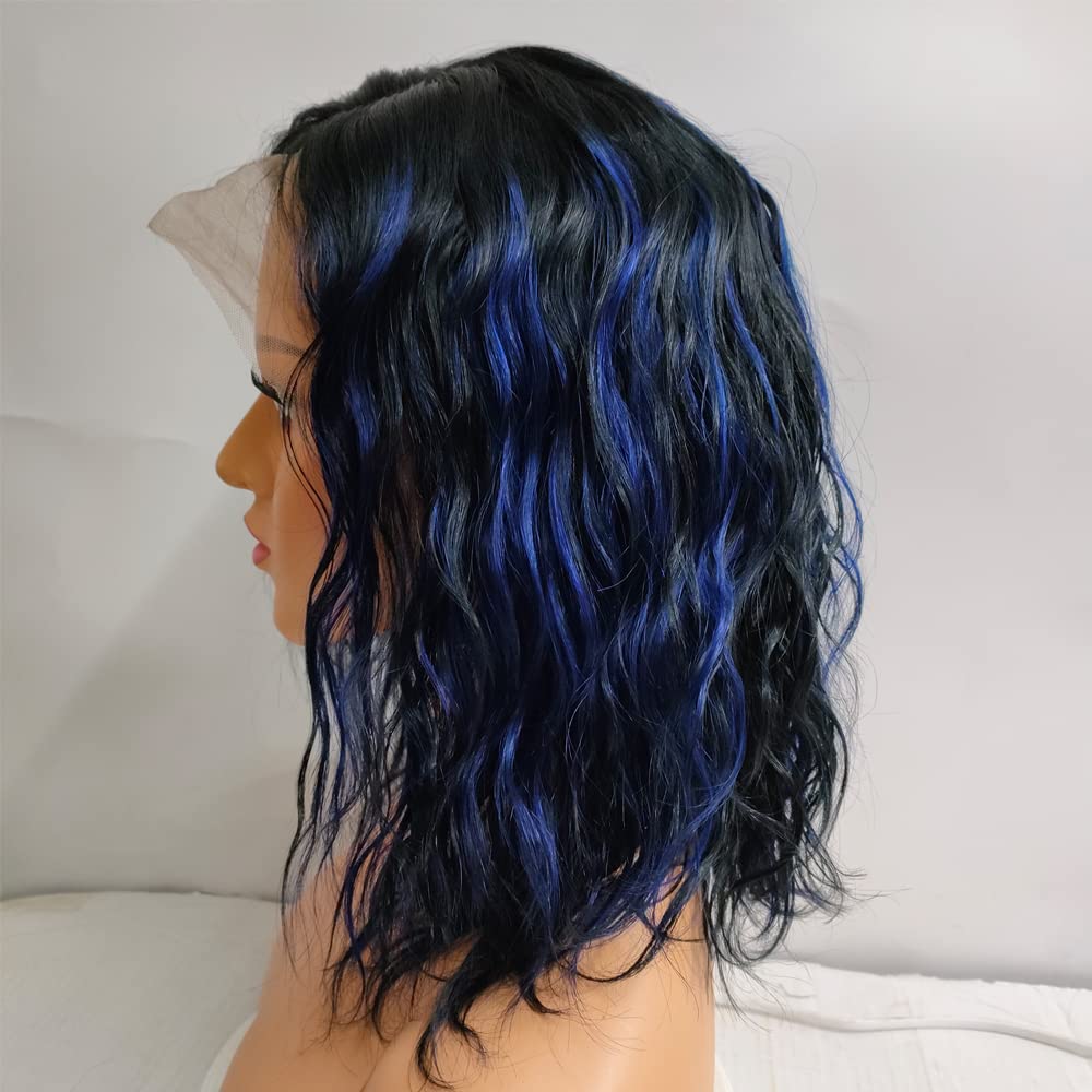 13x6 HD Transparent Lace Front Human Hair Wig - Brazilian Remy Hair, 150% Density, Pre Plucked with Bleached Knots, Short Wavy Bob Wig for Black Women | Natural Blue Color, Baby Hair | Perfect for Daily Wear, Cosplay & Special Occasions