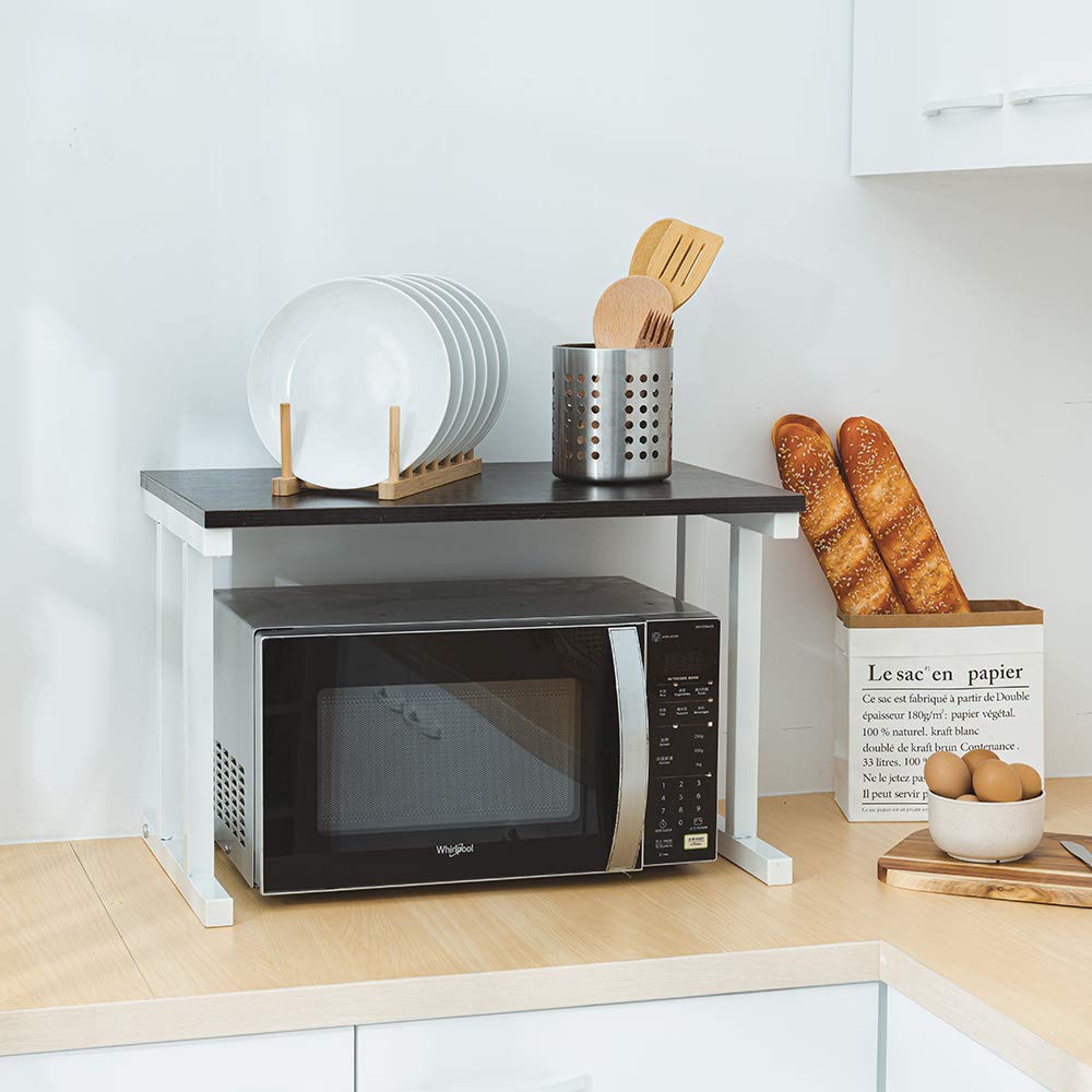 2-Tier Wooden Microwave Oven Rack - Black Countertop Shelf Organizer for Kitchen & Office | Space Saving Storage for Microwave, Printers & Small Appliances | Perfect for Small Kitchens, Dorm Rooms & Home Offices