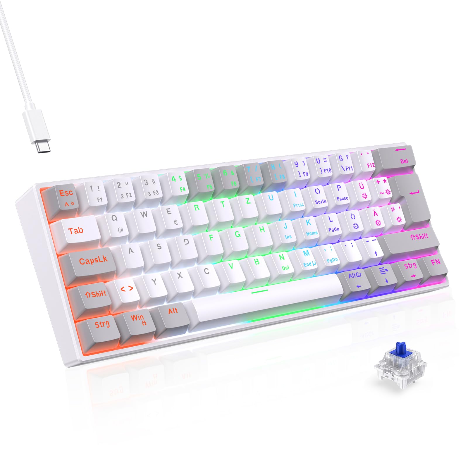 TECURS 60% Mechanical Gaming Keyboard with Blue Switches - Anti-Ghosting, LED Backlit, Wired USB for PC & PS4 (White & Grey) - Perfect for Competitive Gaming & Office Work